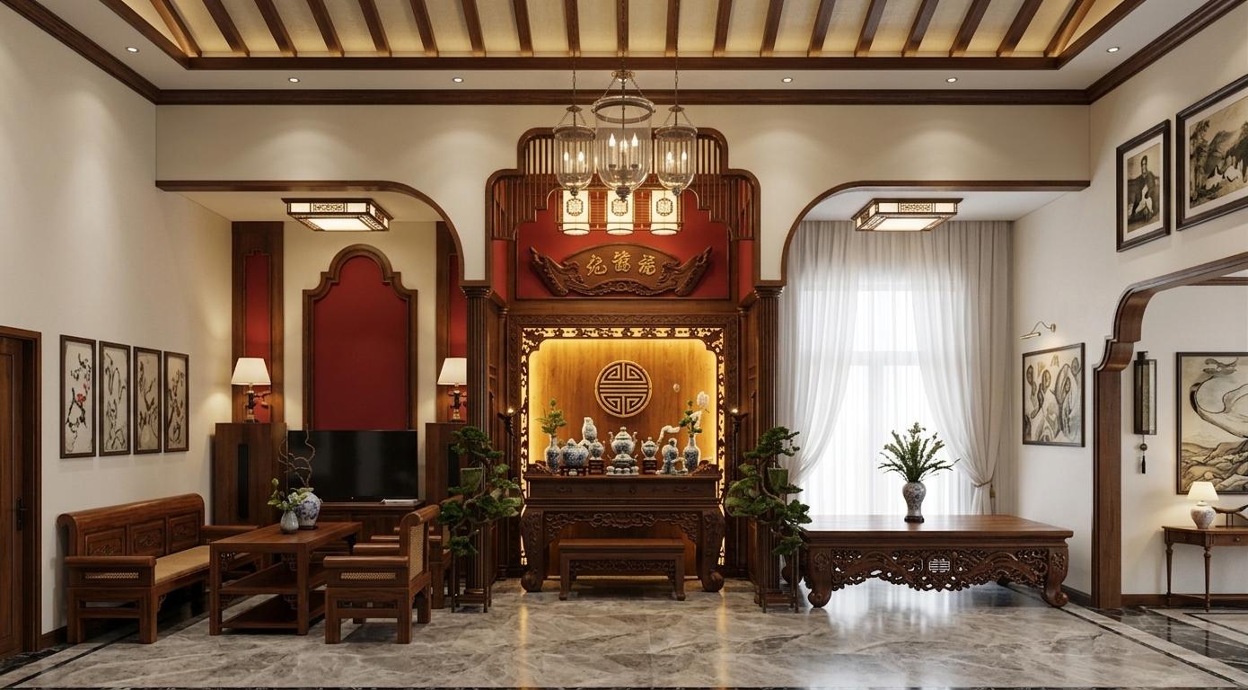 An incredibly lifelike, richly detailed, photorealistic wide-angle interior shot of a stately colonial classic living room set in a luxury traditional residence. The scene is illuminated by a warm, golden glow emanating from a central backlit altar and soft, diffused daylight filtering through sheer, floor-to-ceiling white drapes, creating a serene and formal atmosphere. Captured with a professional 24mm tilt-shift lens, the image emphasizes the deep-grained textures of the polished mahogany and cherry furniture and the intricate hand-carved motifs that adorn the architectural partitions. The composition is masterfully symmetrical, anchored by a magnificent central altar featuring colonial-era decor and a golden longevity symbol. To the left, a comfortable seating area with solid wood sofas is framed by historical wall art and delicate ink paintings, while the right side features a balanced surface of a heavily carved wooden table set against the soft folds of the curtains. The palette is a sophisticated blend of deep reds in the arched wall niches, warm neutrals across the patterned stone flooring, and rich, dark wood tones, all accented by the organic textures of meticulously pruned indoor bonsai plants. Every element, from the professional photography books to the glimmering porcelain vases, reflects a time-honored sense of refined elegance and historical weight.