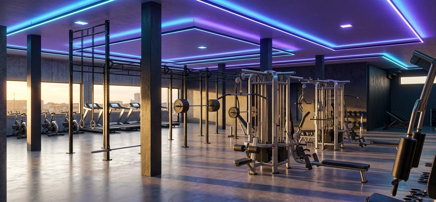 An incredibly lifelike, richly detailed, photorealistic wide-angle interior shot of a high-performance fitness gym set in a modern, industrial-inspired urban facility. The scene is illuminated by recessed linear RGBW LED strips that cast a vibrant, pulse-like neon glow across the ceiling, which juxtaposes beautifully with the warm, honeyed light of a summer sunset streaming through expansive panoramic windows, creating an energetic yet atmospheric "cyber eclectic fusion" mood. Captured with a 24mm wide-angle lens, emphasizing the raw, tactile texture of the massive structural concrete pillars and the smooth, sophisticated finish of the charcoal-grey semi-matte walls. The seamless, polished concrete floor reflects a soft sheen from the overhead lighting, grounding the array of professional-grade equipment including a series of sleek black treadmills, stationary bikes, and a monumental matte black squat rig equipped with gymnastic rings. The depth of the space is masterfully illustrated through the rows of multi-station cable machines and free weights, where brushed metal finishes and heavy rubberized textures catch the fading golden hour light, producing long, dramatic shadows that enhance the three-dimensional realism of this high-tech training sanctuary.