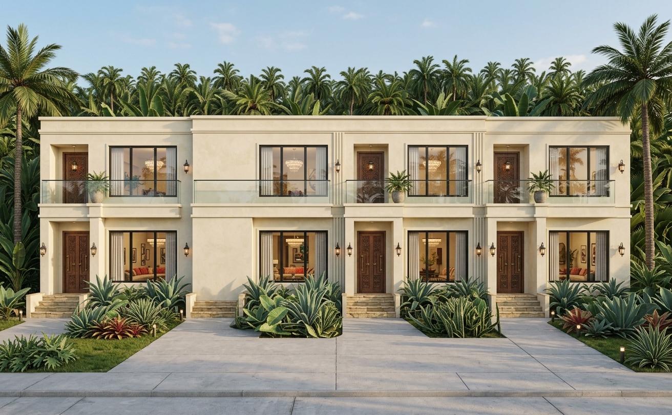 An incredibly lifelike, richly detailed, photorealistic wide-angle architectural shot of a synchronous, balanced luxury villa complex set in a vibrant tropical landscape. The scene is illuminated by the soft, diffused light of a clear afternoon, creating a serene and sophisticated atmosphere. Captured with a professional architectural lens, the image emphasizes the refined texture of the newly applied warm ivory-toned facade, which harmonizes beautifully with the surrounding palm canopy. The architecture is masterfully balanced, featuring repetitive modules where expansive black-framed windows alternate with grand, intricately carved dark wood doors that lend a sense of heritage and depth. Through the large glass panes, the living rooms radiate a sense of Indian exuberance, with warm interior lighting catching the sparkle of crystal chandeliers and the rich hues of artisanal fabrics. The upper levels retain their sleek, contemporary glass balconies, providing a transparent contrast to the solid, rhythmic masonry of the pilasters. Below, a meticulously manicured sequence of lush agaves and stone staircases leads into a clean, sun-drenched concrete forecourt, anchoring the structure firmly within its verdant, high-end environment.