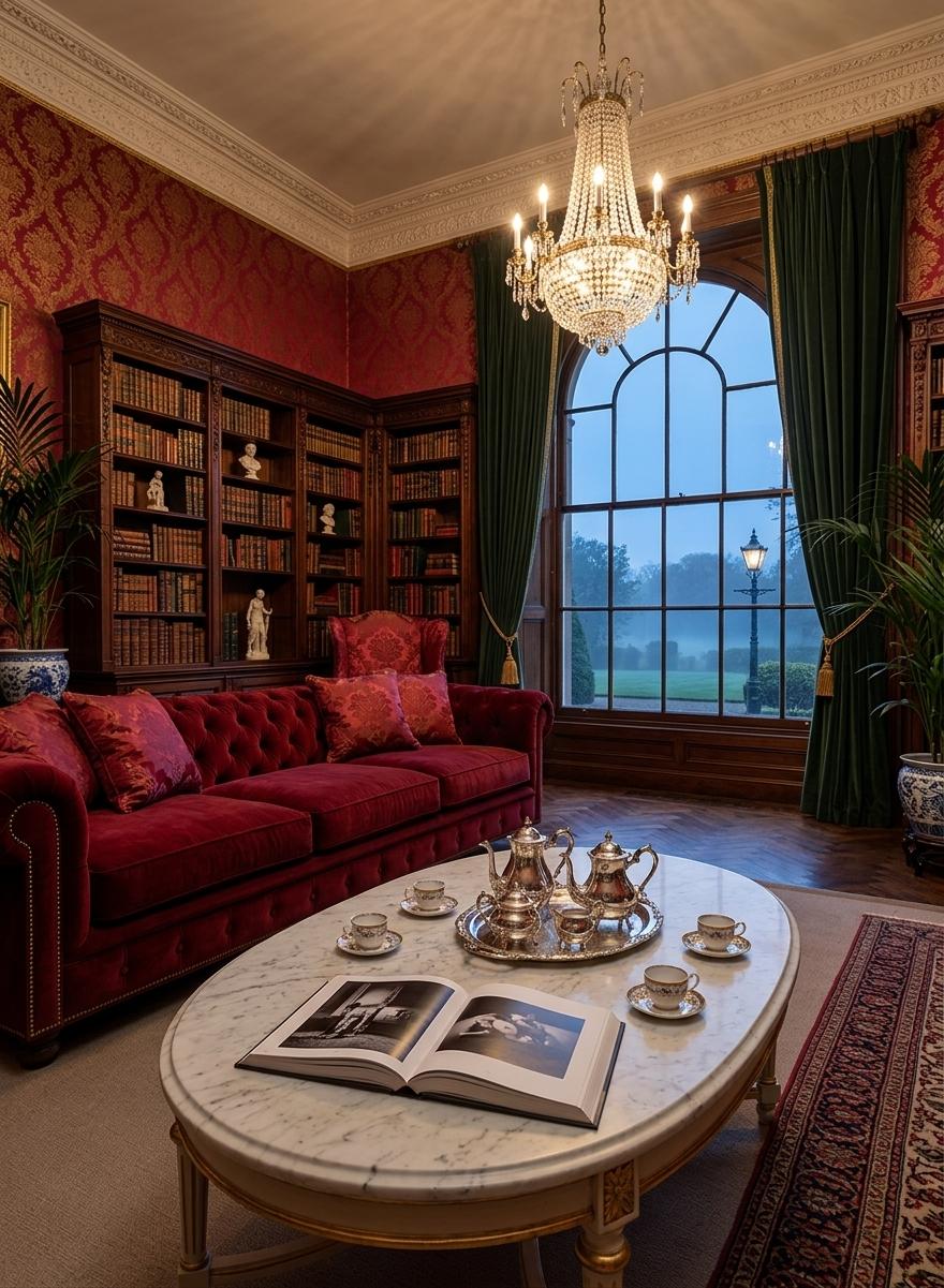 An incredibly lifelike, richly detailed, photorealistic wide-angle interior shot of a grand Victorian drawing room set in a historic manor house during the blue hour of twilight. The scene is illuminated by the warm, flickering glow of an ornate crystal chandelier and the soft amber light from a carved marble fireplace, creating a sophisticated and cozy atmosphere. Captured with a Phase One XF IQ4 camera and a 35mm wide-angle lens, emphasizing the intricate textures of the silk damask wallpaper, the deep grain of polished mahogany, and the plush sheen of tufted velvet.

The reimagined space undergoes a total transformation from industrial loft to Victorian opulence. The raw brick walls are replaced with high-waisted dark wood wainscoting and upper walls dressed in deep crimson damask wallpaper with subtle gold-thread embossing. The dark, industrial shelving unit is supplanted by a floor-to-ceiling, hand-carved mahogany bookcase, its shelves lined with leather-bound photography books and punctuated by small heirloom sculptures of brass and ivory. In place of the tribal masks, a collection of classic portrait wall art in heavy, gilded frames adorns the walls, lit by individual brass picture lights.

The seating arrangement features a luxurious deep red velvet Chesterfield sofa, its button-tufted back and scrolled arms echoing timeless craftsmanship. Flanking the sofa are two wingback chairs upholstered in a rich, neutral-toned silk brocade with golden vine motifs. The rough-hewn wooden table is replaced by an elegant, oval marble-topped coffee table with gold-leaf accents, serving as a curated surface for a silver tea service and an open, oversized photography book that invites quiet contemplation.

The large industrial window is transformed into a towering, arched sash window framed by heavy, layered velvet curtains in a deep forest green, held back by thick gold tassels. Through the glass, a transition to evening is visible: a manicured English garden shrouded in a light mist, with the warm silhouette of a wrought-iron streetlamp glowing in the distance, providing a romantic contrast to the interior’s warmth.

The composition follows a classic, symmetrical balance, centering the seating area around the fireplace to create a sense of formal harmony. The proportions are grand, yet the arrangement of plush rugs—a Persian runner over a larger silk-blend neutral carpet—scales the room down to a human level, making it feel intimate despite its height. Indoor plants, specifically tall Kentia palms in blue-and-white porcelain urns, are tucked into the corners, adding organic height and softening the architectural lines. Every element, from the intricate crown moldings to the polished parquet floors, interacts to create a space that feels curated over generations, offering a tactile and visual feast of classic Victorian elegance.