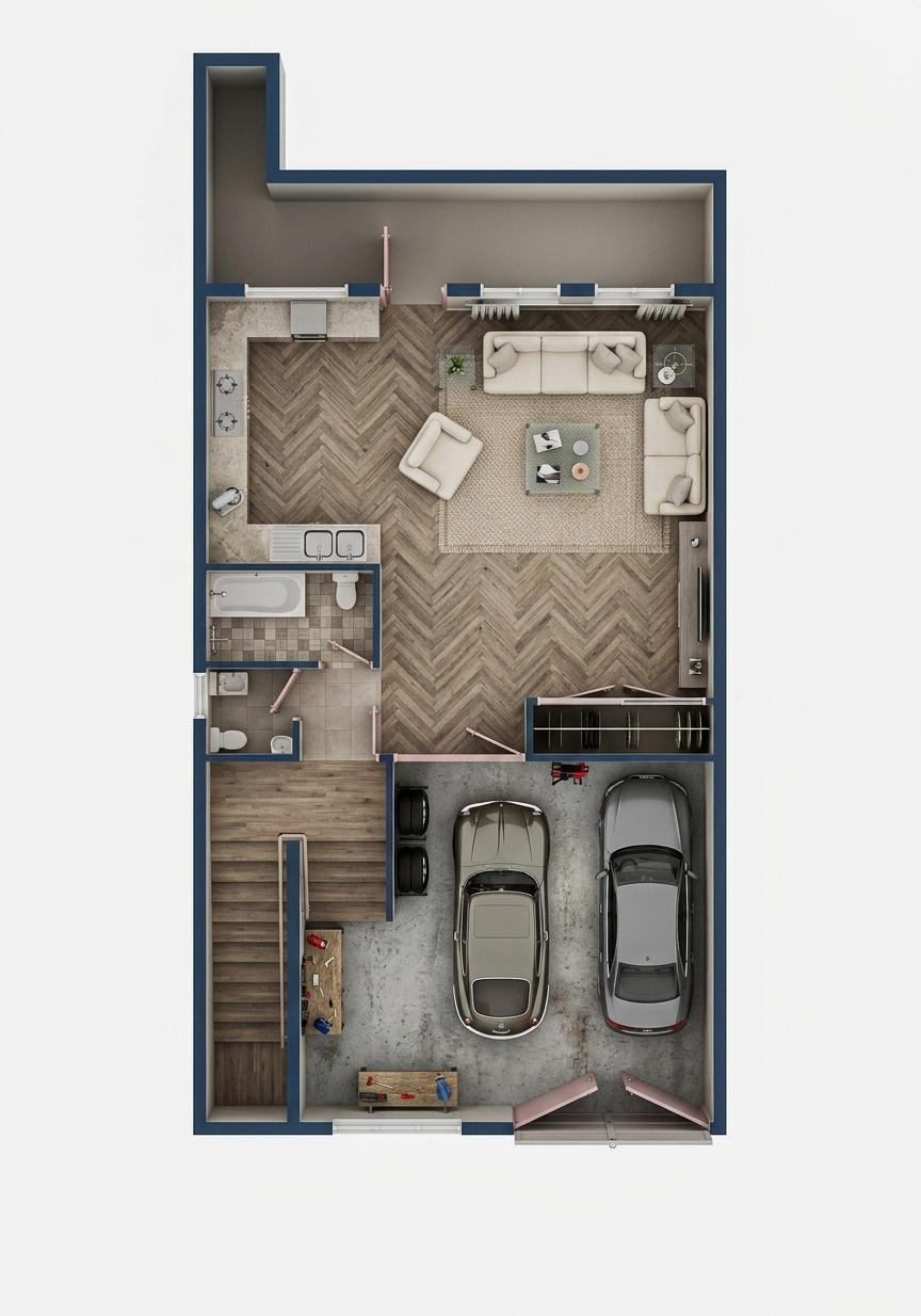 The photo presents a floor plan rendered in a schematic, blueprint-like style, outlined with bold blue lines against a stark white background. This is a cyber eclectic fusion design, depicted as if at night during winter. The layout reveals a compact, multi-functional space. Upon entering from the main entrance, a carpeted area leads into a living room furnished with white sofas and a matching white carpet. The walls are depicted as plain, suggesting a neutral base. Adjacent to the living room, a kitchen area is delineated with white cabinets and tiled fixtures, indicative of a clean, modern aesthetic. To the left of the entrance, a bathroom is shown with a bathtub and toilet. A prominent feature is the staircase, with its height visually represented as 17 centimeters, suggesting a single flight leading to an upper level. The ground floor also includes a two-car garage. All doors are clearly indicated, including those leading to the living room, bathroom, and internal spaces. The overall impression is one of efficient use of space, blending functional elements with a minimalist, contemporary design, all within a rendered night-time, winter setting that remains undefined in terms of specific atmospheric details beyond the implied stillness.