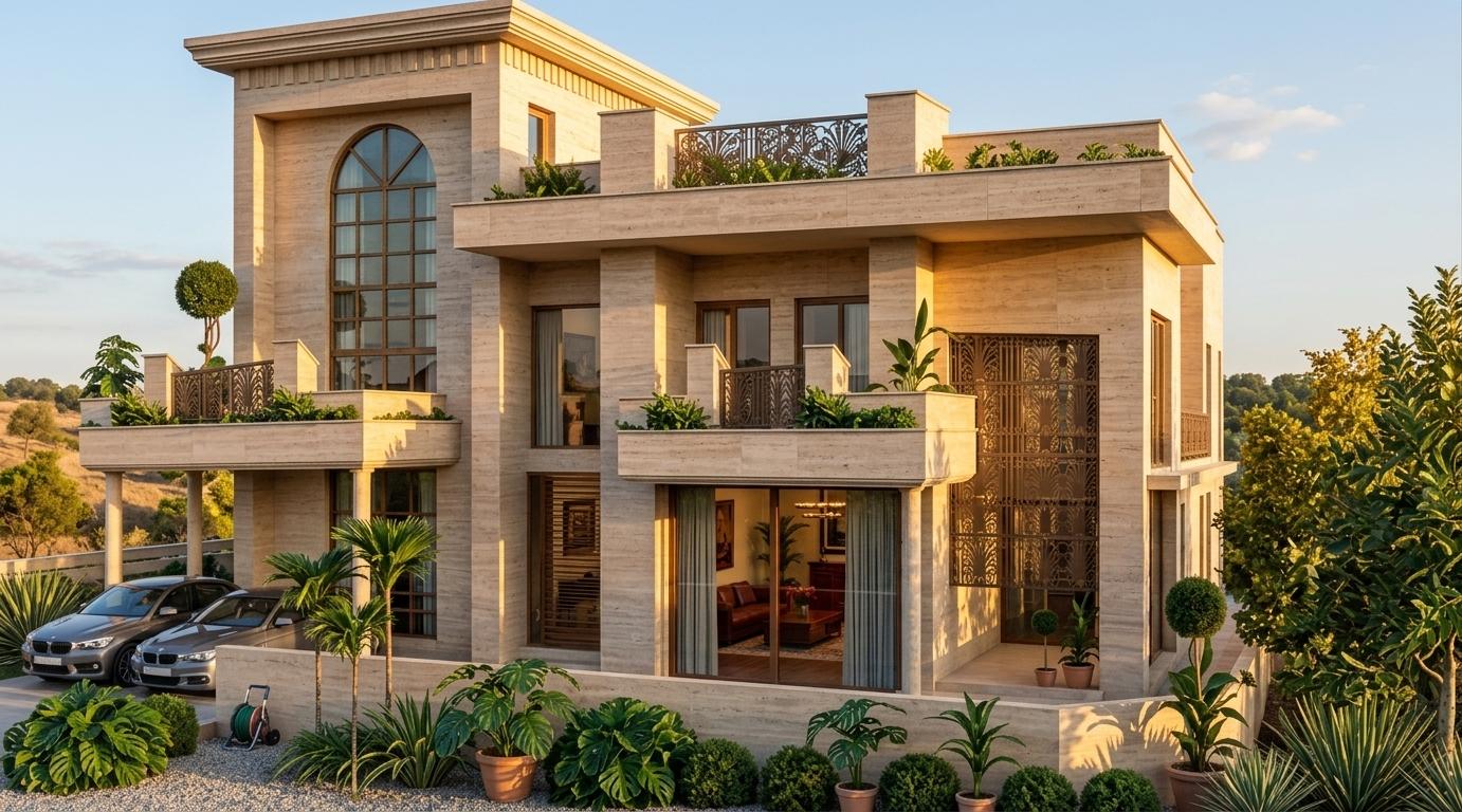 An incredibly lifelike, richly detailed, photorealistic wide-angle exterior shot of a stately colonial-classic residence set in a lush, rolling hillside landscape. The scene is illuminated by the soft, honeyed glow of the late afternoon golden hour, creating a warm, inviting, and prestigious atmosphere. Captured with a high-end full-frame camera and a 35mm lens, emphasizing the fine grain of the warm-toned travertine stone facade and the intricate craftsmanship of the laser-cut bronze metal screens. The architecture exudes a sense of time-honored elegance through its symmetrical, solid massing and refined cornices, while large arched windows with classic mullions anchor the upper level. Expansive balconies featured balanced surfaces and elegant railings that overlook a carefully curated landscape of Monstera and tropical palms. Through the large ground-floor glass panels, a glimpse of the interior reveals a formal space furnished with polished mahogany and cherry wood pieces, complemented by historical wall art and a palette of deep reds and blues that reinforce the colonial-era decor. The depth of the image is enhanced by the crisp shadows cast across the gravel driveway, where two luxury sedans are parked, all set against a backdrop of distant, sun-drenched trees and a clear, serene sky that makes the entire scene feel like a featured spread in a luxury photography book.