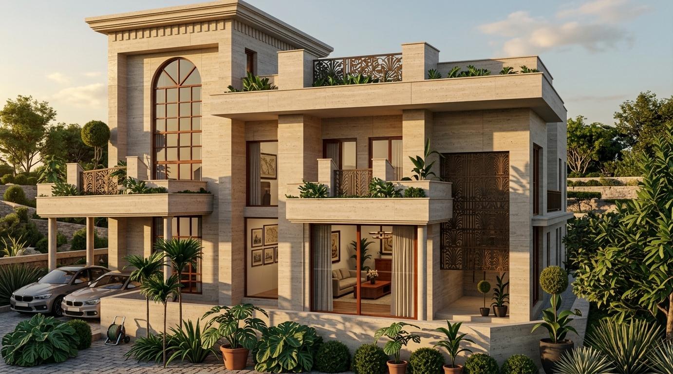 An incredibly lifelike, richly detailed, photorealistic wide-angle shot of a stately colonial classic villa set in a serene, terraced landscape. The scene is illuminated by the gentle, directional light of a golden hour sun, creating a refined and elegant atmosphere. Captured with a professional 24mm tilt-shift lens, emphasizing the sharp horizontal lines of the travertine stone facade and the polished sheen of the mahogany window frames. This formal residence features a balanced, symmetrical composition where the warm neutral tones of the exterior stone are complemented by hints of deep red and navy blue textiles visible through the expansive glass. Inside the ground-floor living space, one can see solid cherry wood furniture and thick photography books resting on balanced surfaces, while framed historical wall art adds a touch of time-honored sophistication to the interior. Lush greenery, including potted Monstera and structural palms, softens the architectural lines, seamlessly blending a curated collection of indoor plants with the stone balconies. The intricate floral-patterned metal screens cast delicate, rhythmic shadows across the entryway, highlighting the solid craftsmanship and comfortable, stately luxury of this elegant, traditional estate.