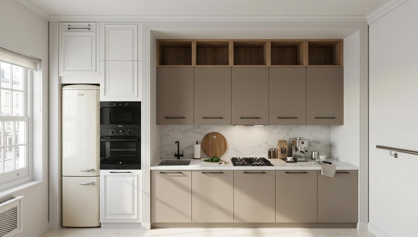 An incredibly lifelike, richly detailed, photorealistic interior photo of a refined neoclassical kitchen set in an elegant urban residence. The scene is illuminated by the crisp, bright light of midday streaming through a side window, creating a serene and inviting atmosphere. Captured with a wide-angle lens, emphasizing the interplay between the smooth matte finishes and the subtle sheen of the milky-hued floor tiles, the composition showcases a sophisticated "colonial classic" aesthetic. To the left, a tall cabinetry unit in crisp white with traditional recessed panels houses a sleek cream-colored retro refrigerator and a modern black built-in oven, blending heritage charm with contemporary utility. The central kitchen area is recessed within a decorative molded frame, featuring flat-front cabinetry in a warm taupe finish topped with a seamless white countertop. Meticulous details like the minimalist black bridge faucet, a professional-grade espresso station, and slim integrated handles catch the soft highlights, while open box-shelving above provides a sense of airy openness. The polished milky tiles on the floor catch soft reflections of the cabinetry, providing a high-end foundation that ties the entire monochromatic and earthy palette together in a display of timeless luxury.