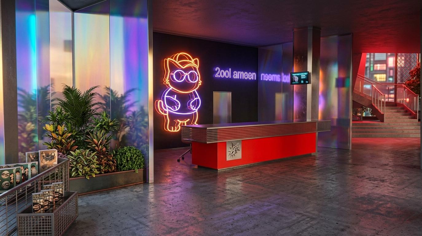 An incredibly lifelike, richly detailed, photorealistic wide-angle interior shot of a conceptual clothing store set in a bustling urban district during the golden hour of a spring sunset. The scene is illuminated by a dramatic interplay of fading natural light and the intense glow of vibrant orange neon signs and cool violet LED backlighting, creating a high-energy, futuristic atmosphere. Captured with a professional 24mm f/2.8 lens, the image emphasizes the gritty yet polished textures of the industrial concrete floor and the intricate metal mesh detailing of the furniture. A bold, scarlet-red reception counter, topped with a technical steel grating, anchors the mid-ground, set against a dark wall dominated by a glowing neon cat mascot and sleek "zool ameen" typography. To the left, a lush arrangement of indoor plants provides a natural contrast to the surrounding cyber-eclectic decor, sitting adjacent to a tiered wire mesh display filled with vibrant photography books. Reflections shimmer across iridescent, holographic wall panels that shift between shades of neon blue and purple, while a metallic pillar captures the sharp light from a distant, red-lit staircase, perfectly encapsulating a tech-inspired, urban fusion of grunge and high-end design.