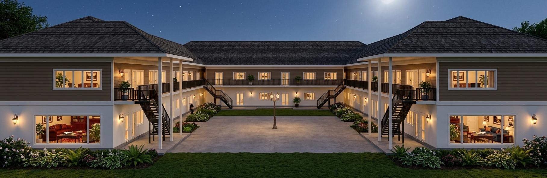 An incredibly lifelike, richly detailed, photorealistic wide-angle architectural shot of a stately Colonial classic residential courtyard set in a lush summer night. The scene is illuminated by the warm, inviting amber light spilling from numerous windows and the soft glow of exterior lamps, creating a formal yet comfortable atmosphere. Captured with a professional 24mm tilt-shift lens, emphasizing the perfectly symmetrical two-story wings and the crisp contrast between the mocha-colored upper siding and the solid white masonry of the ground floor. The traditional hip roofs, finished in dark, textured shingles, provide a sense of timeless elegance over the balanced facade. Looking through the windows, one can see glimpses of refined living rooms adorned with mahogany and cherry furniture, historical wall art, and open photography books on side tables, all set against a palette of deep reds, blues, and warm neutrals. Potted indoor plants are visible behind the glass, adding a touch of nature to the elegant, time-honored interiors. The courtyard’s wide-open space and the intricate black metal staircases and railings provide a sharp, clean geometry that anchors the entire composition in this high-end architectural visualization.