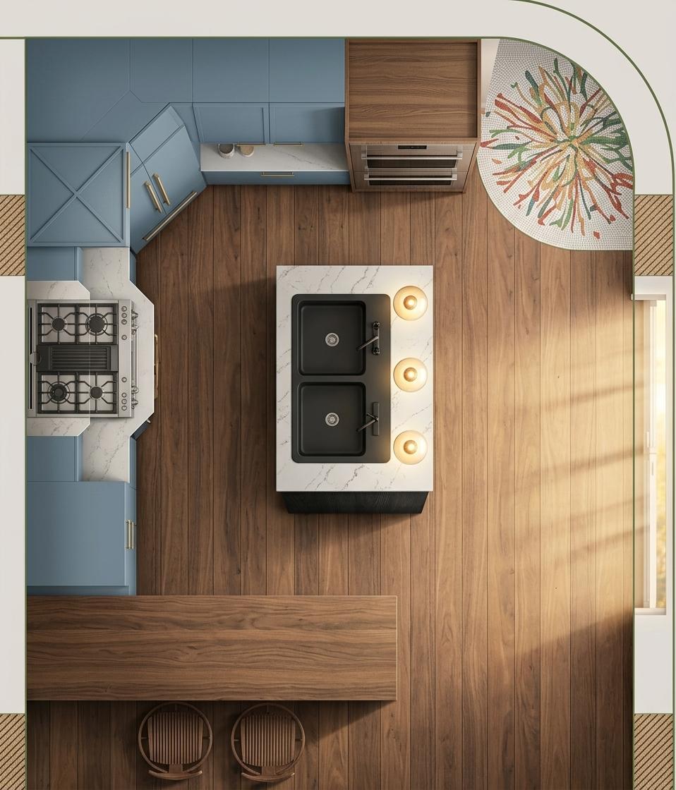 An incredibly lifelike, richly detailed, photorealistic top-down bird's-eye view of a designer kitchen set in a sophisticated colonial classic home during a crisp autumn morning. The scene is illuminated by the soft, golden rays of a sunrise streaming in from a large window at the top-right, creating a serene and inviting atmosphere. Captured with a high-resolution architectural camera, the shot emphasizes the rich textures and premium materials, featuring L-shaped cabinetry finished in a smooth, matte Dusty Blue that contrasts elegantly with the surrounding Natural Walnut wood grain used for the wall oven housing. At the heart of the space, a central island with a Black Stained Oak base and a Soft White Quartz countertop displays delicate grey veining, hosting a sleek Matte Black double sink and matching hardware. Brushed brass handles on the massive Dusty Blue refrigerator glint under the three glowing globe-style pendant lights that cast a warm, soft radiance across the workspace. The composition is grounded by a warm Natural Walnut breakfast bar at the bottom, where two stools with intricate walnut slats are positioned, while soft, 2D drop shadows give the furniture a sense of weight and depth against the floor, perfectly blending Mid-Century Modern aesthetics with timeless colonial charm.