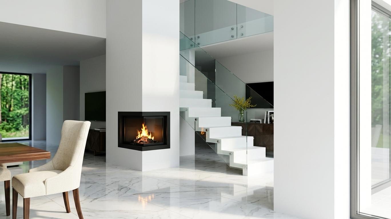 An incredibly lifelike, richly detailed, photorealistic wide-angle interior shot of a sophisticated modern living room set in a luxury contemporary villa. The scene is illuminated by bright, natural daylight streaming through a massive floor-to-ceiling window, creating a serene and airy atmosphere. Captured with a professional 24mm lens, emphasizing the expansive sense of space, the soaring double-height ceiling, and the high-end materials.

The heart of the room features a sleek, custom-built corner fireplace with an upgraded matte black casing, integrated seamlessly into a prominent white architectural column. Realistically flickering orange flames and glowing embers provide a warm, inviting focal point against the minimalist white walls. The flooring is composed of large-format, polished Calacatta marble tiles, showing delicate grey veining and sharp, mirror-like reflections of the furniture.

To the right, a sculptural "zig-zag" staircase with pristine white treads ascends to the second floor, guarded by frameless, tempered glass railings that maintain the open-concept feel. Below the loft, a hallway leads into the interior of the home, showing soft shadows and realistic depth. 

The living area is curated with a refined "travelers trove" aesthetic; a long, dark walnut media console with textured geometric door fronts and slender black legs sits beneath a large, wall-mounted flat-screen television. Atop the console, a few carefully placed art books and a glass vase with vibrant yellow wildflowers add a touch of life and color. In the foreground, the edge of a dining table is visible, accompanied by high-back chairs upholstered in cream fabric with dark wood frames, their textures crisp and tangible. 

Through the large window, a lush, out-of-focus green forest is visible, suggesting a private, tranquil estate. The rendering captures every detail from the subtle grain on the wooden furniture to the way light catches the edges of the glass railing, creating a perfect balance of architectural precision and domestic warmth.