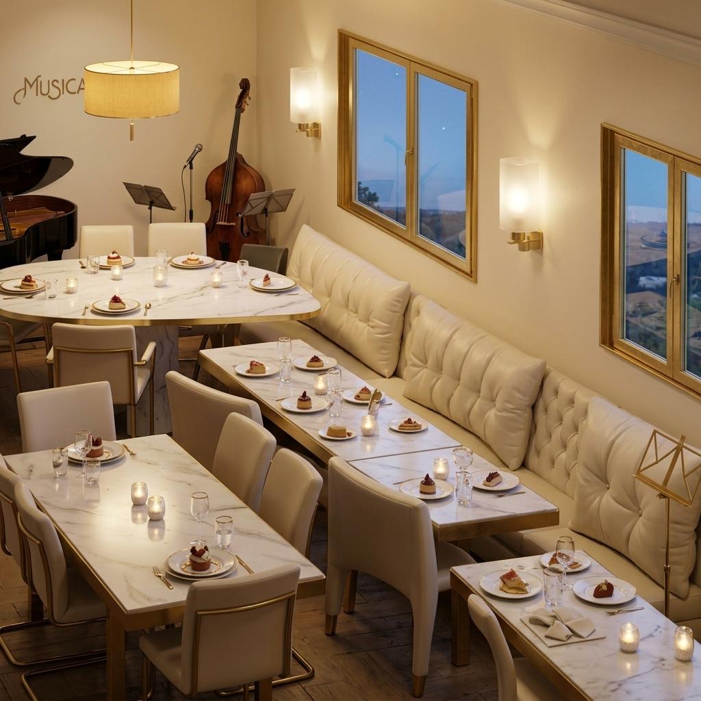 An incredibly lifelike, richly detailed, photorealistic wide-angle interior shot of a sophisticated restaurant and live music lounge set in a refined Victorian estate. The scene is illuminated by the soft, honeyed glow of golden lampshades and frosted glass wall sconces, creating an intimate and romantic atmosphere that complements the soft blue of twilight visible through the gilded window frames. Captured with a 35mm f/1.8 lens, the image emphasizes the luxurious interplay of textures: the smooth, cold veining of pristine white marble tabletops edged in polished brass, the deep-buttoned tufting of an ivory leather banquette, and the delicate crystalline reflections from fine glassware. In the background, a glossy grand piano and a dedicated corner for live jazz suggest a night of melodic elegance, while the rhythmic placement of high-back chairs with gold-accented frames lends a sense of classical symmetry. Each table is meticulously set with fine porcelain and artisanal desserts, their subtle shadows blending into the warm, diffuse light that bounces off the cream-colored walls, evoking a space defined by timeless luxury and acoustic warmth.