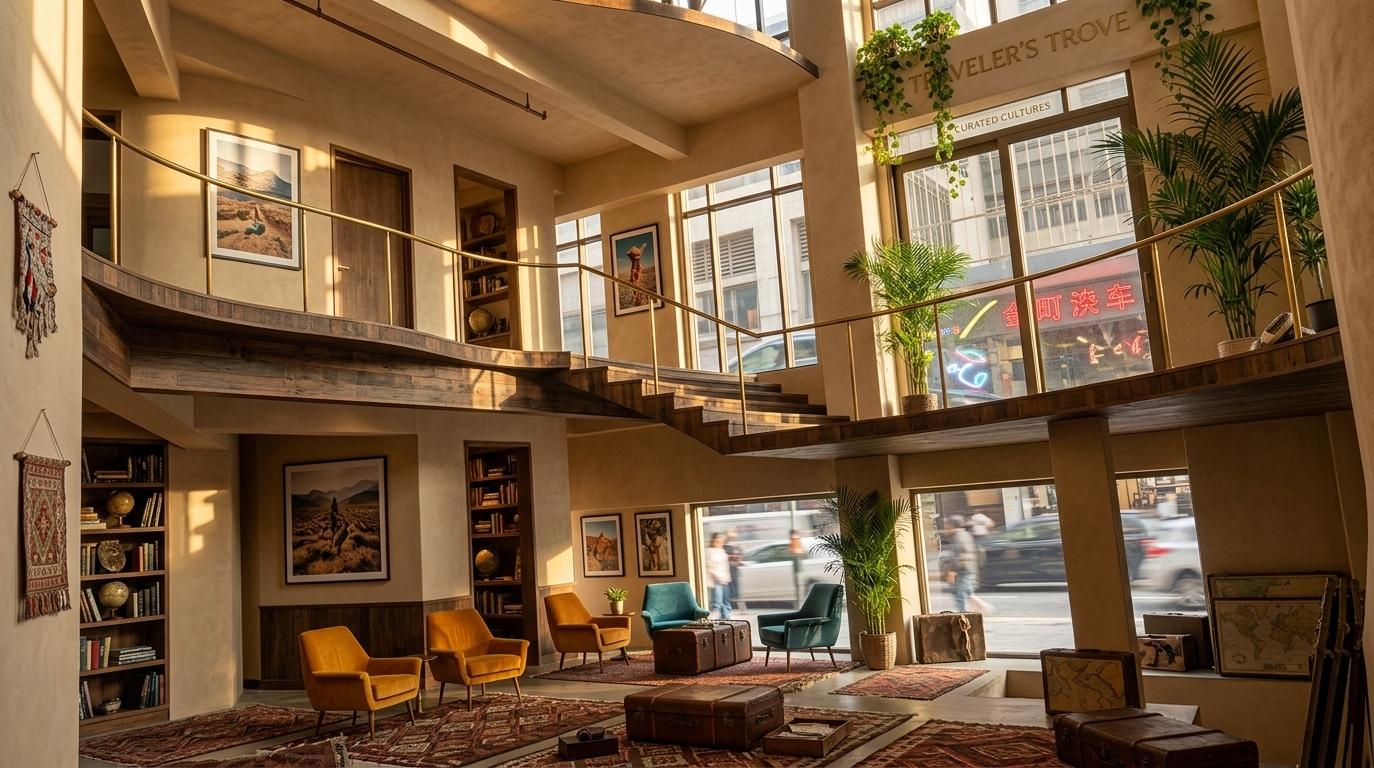 An incredibly lifelike, richly detailed, photorealistic interior wide-angle shot of a "Traveler’s Trove" themed hotel lobby set in a bustling urban culture hub. The scene is illuminated by warm, golden afternoon sunlight streaming through the soaring floor-to-ceiling windows, creating a vibrant and nostalgic atmosphere that feels both adventurous and welcoming. Captured with a 24mm f/2.8 lens, the composition emphasizes the layered textures of hand-woven global textiles and the sweeping architectural curve of the mezzanine levels, now transformed from raw concrete into polished, sand-hued plaster finishes. The ground floor is a curated masterpiece of eclectic design, featuring a mix of vintage leather trunks used as coffee tables and mid-century modern velvet armchairs in bright accents of saffron and teal, grounded by deep earth-tone rugs with intricate kilim patterns. Along the walls, oversized travel-inspired wall art and framed photography from distant lands create a cultured, artistic narrative, while built-in wooden shelving is packed with heavy photography books, antique globes, and unique artifacts collected from across the globe. Verdant indoor plants, including tall structural palms and cascading devil’s ivy, breathe life into the space, softening the industrial lines of the beams. The staircase, now clad in dark reclaimed wood with a sleek brass handrail, leads the eye upward to a more intimate seating area where travelers gather on layered cushions. Every surface feels curated and unique, blending the grit of the city seen through the glass with a sophisticated, world-traveler aesthetic that celebrates a life of discovery.