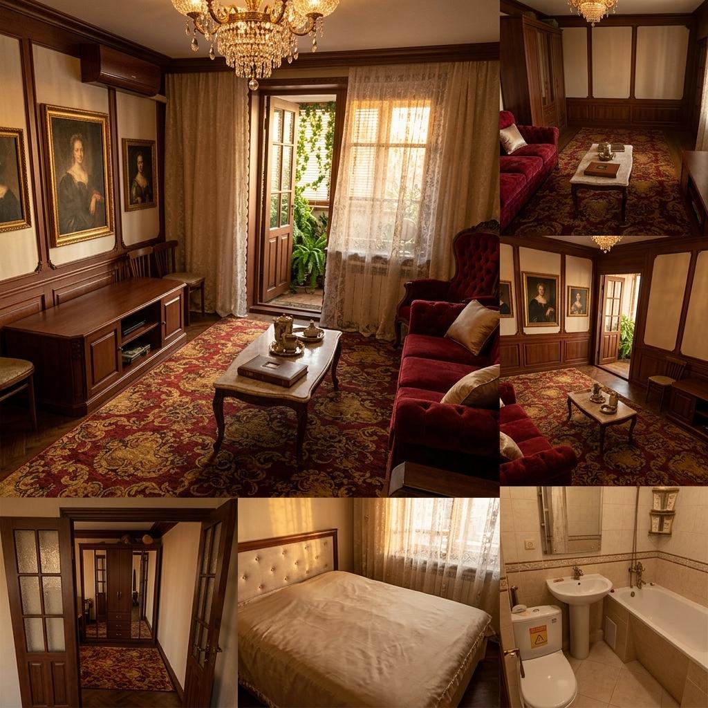 An incredibly lifelike, richly detailed, photorealistic wide-angle shot of a lavish Victorian-inspired living room set in a refined urban apartment during the golden hour. The scene is illuminated by the warm, amber glow of a setting sun filtering through sheer lace curtains and the soft shimmer of an ornate tiered crystal chandelier, creating a timeless, opulent atmosphere. Captured with a 35mm f/1.4 lens, emphasizing the intricate wood carvings, plush velvet textures, and gold-leaf accents, the reimagined space swaps the dated wallpaper for sophisticated cream-colored silk panels framed by hand-carved mahogany wainscoting. Central to the composition is a deep crimson tufted velvet sofa adorned with silk throw pillows, facing a marble-topped coffee table that displays curated heirloom decor and a leather-bound photography book. In place of the original rug, an expansive, hand-knotted Persian carpet in shades of deep red and burnished gold grounds the room, while the walls are decorated with classic portrait wall art in heavy gilded frames. The balcony entrance is transformed into elegant French doors that reveal a lush miniature garden of indoor ferns and climbing ivy reflecting the sunset light. Every element, from the sturdy mahogany media console to the symmetrical placement of high-backed antique armchairs, is meticulously arranged to evoke a sense of grand, historical elegance while remaining a functional and harmonious sanctuary.
