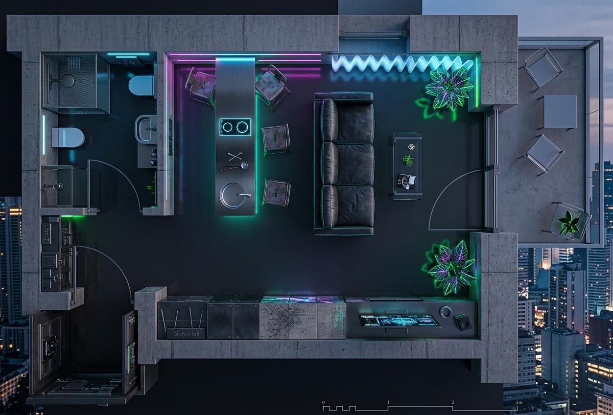 An incredibly lifelike, richly detailed, photorealistic overhead floorplan view of a cyber-eclectic living space set in a high-density urban apartment. The scene is illuminated by a complex network of recessed neon LED strips in electric blue, magenta, and toxic green, creating a moody, high-contrast atmosphere that balances deep shadows with vibrant glows. Captured with a high-resolution wide-angle lens, the image emphasizes the diverse textures of brushed gunmetal surfaces, raw exposed concrete walls, and a weathered black leather sofa that features integrated holographic stitching. The open-concept kitchen island boasts a sleek, dark metallic finish with a glowing glass-induction cooktop, surrounded by stools made of repurposed industrial steel. Along the main wall, expansive storage units are integrated with shifting holographic wall art that pulses with digital light, while the entertainment area features a slim, tech-heavy media console beneath a glowing OLED display. Contrasting this industrial grit, lush bioluminescent indoor plants with neon-veined leaves breathe organic life into the corners, their reflections shimmering on the polished charcoal epoxy floors. The composition seamlessly transitions into a private balcony area where minimalist metal furniture sits against the backdrop of a sprawling, light-polluted cityscape, all captured with a crisp depth of field that highlights the layered, urban complexity of this futuristic home.