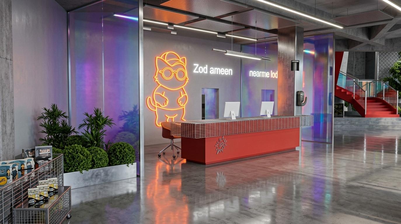 An incredibly lifelike, richly detailed, photorealistic interior photo of a cutting-edge cyber-eclectic office lobby set in a vibrant urban environment. The scene is illuminated by the crisp, high-key light of a spring midday, which glints off metallic surfaces and mingles with the electrifying glow of integrated LEDs to create a high-energy, futuristic atmosphere. Captured with a wide-angle architectural lens, the composition emphasizes the seamless transition between grittier industrial textures and sleek, tech-inspired finishes, starting with the expansive polished concrete floor that mirrors the scene in its high-gloss sheen. A bold, matte-red reception desk serves as the focal point, capped with a chrome industrial mesh and modern white workstations, while a massive orange neon feline mascot and glowing white typography pop against the dark-paneled backdrop. To the side, holographic glass partitions shimmer with prismatic hues of purple and blue, flanking a retail-inspired wire display of photography books and vibrant merchandise. This layered space is balanced by a pocket of organic greenery featuring manicured shrubs and palms, all leading the eye toward a dramatic red staircase seen in the deep background, perfectly encapsulating a sophisticated, urban cyberpunk aesthetic.