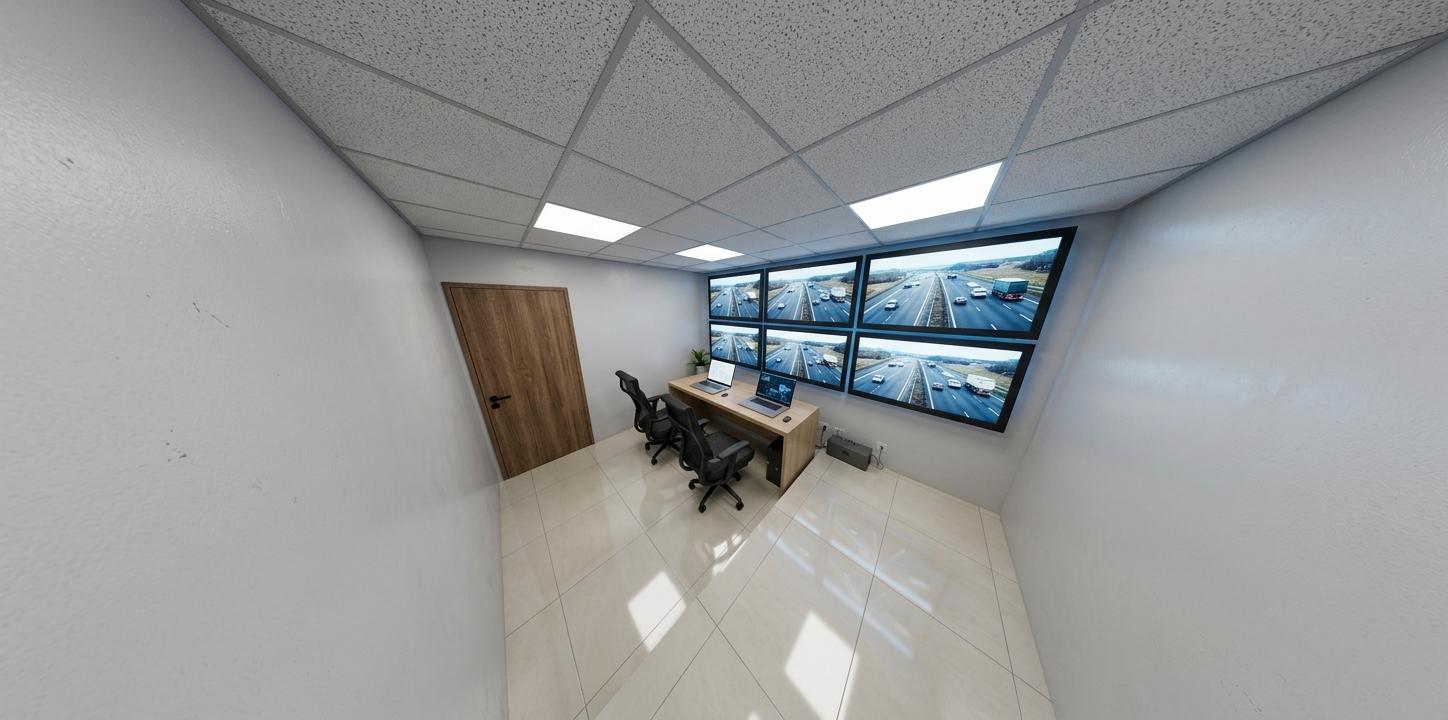 An incredibly lifelike, richly detailed, photorealistic interior wide-angle shot of a cyber eclectic fusion meeting room set in a high-tech operations center. The scene is illuminated by crisp, midday spring light emanating from recessed LED panels integrated into the ceiling, creating a focused and professional atmosphere. Captured with a 24mm wide-angle lens, emphasizing the technical precision of the space, the focal point is a command-center video wall featuring six high-definition monitors displaying real-time highway surveillance, which casts a subtle blue-toned electronic glow across the room. At the center, two sleek, modern laptops rest on a light wood-grained workstation, flanked by two black mesh ergonomic chairs that provide a sharp textural contrast to the smooth, ash-white walls. The floor is laid with large 2x2 foot ivory-colored tiles that possess a soft-sheen finish, reflecting the overhead light and the dark silhouettes of the furniture. Overhead, the ceiling consists of a pristine 2x2 foot mineral fiber grid, its matte, porous texture providing a sophisticated architectural finish. To the left, a solid wood-grained door with a minimalist black handle adds a touch of organic warmth to this high-efficiency environment, where the clean lines and high-contrast palette perfectly capture a modern, operational aesthetic.