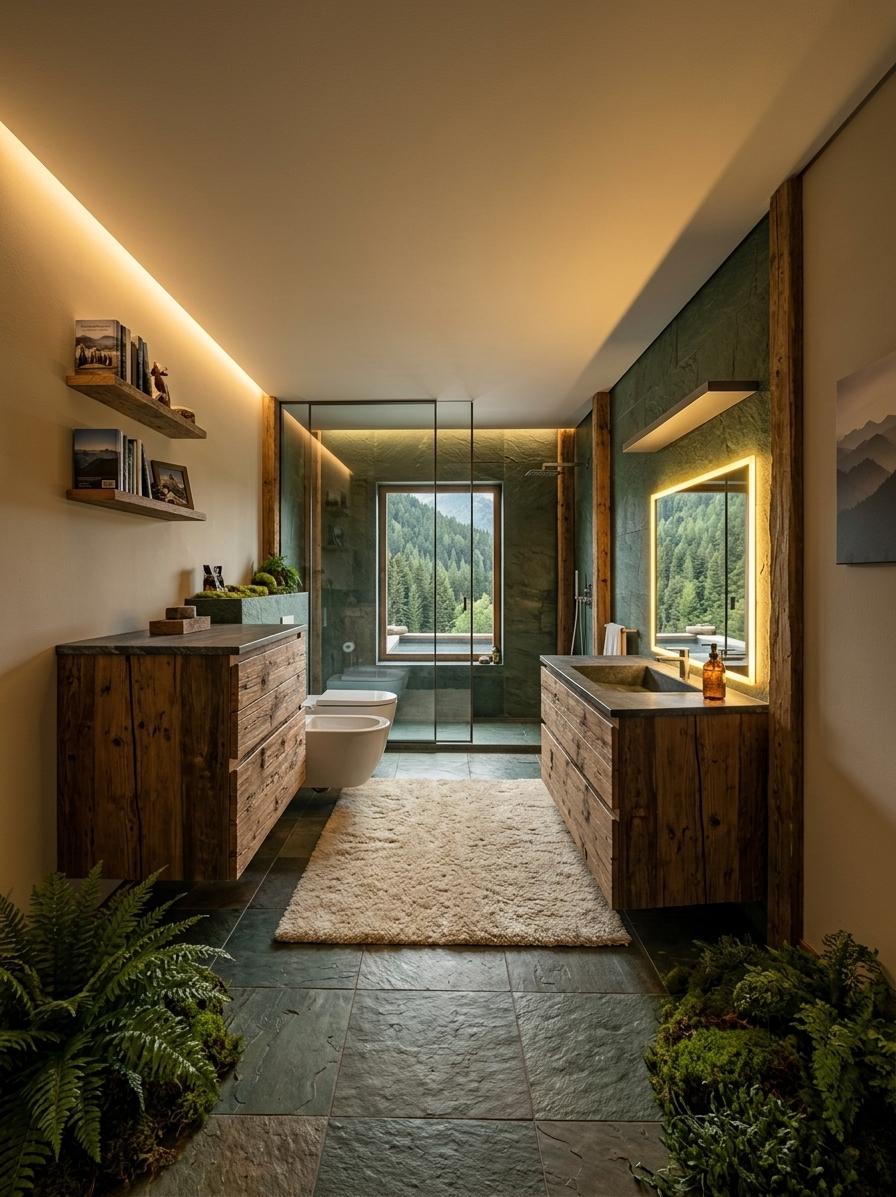 An incredibly lifelike, richly detailed, photorealistic wide-angle interior shot of a luxurious onsen-inspired bathroom set in a secluded mountain escape. The scene is illuminated by soft, ambient golden light and the warm, radiant glow of a backlit vanity mirror, creating a cozy and inviting atmosphere. Captured with a Sony a7R IV and a 24mm wide-angle lens, emphasizing the rugged textures of the reclaimed wood and the natural, earthy palette of deep greens, browns, and warm neutrals. Two sturdy, log-inspired wooden vanities with thick, charcoal-veined stone countertops flank the room; on the right, a sleek integrated sink sits beneath a mirror that glows with a soft yellow halo, while on the left, floating timber shelves hold neatly arranged photography books and alpine-themed accents. The back wall is a masterpiece of textured, dark green slate, featuring a minimalist glass-enclosed shower area that mimics a natural cavern. Centered between the vanities, a plush, cream-colored rug rests atop slate tiles, leading the eye toward a modern, wall-mounted porcelain toilet. Lush, indoor ferns and mossy plants are nestled into the corners, harmonizing with a subtle mountain range wall art piece to complete this rugged yet comfortable sanctuary tucked away in the alpine wilderness.