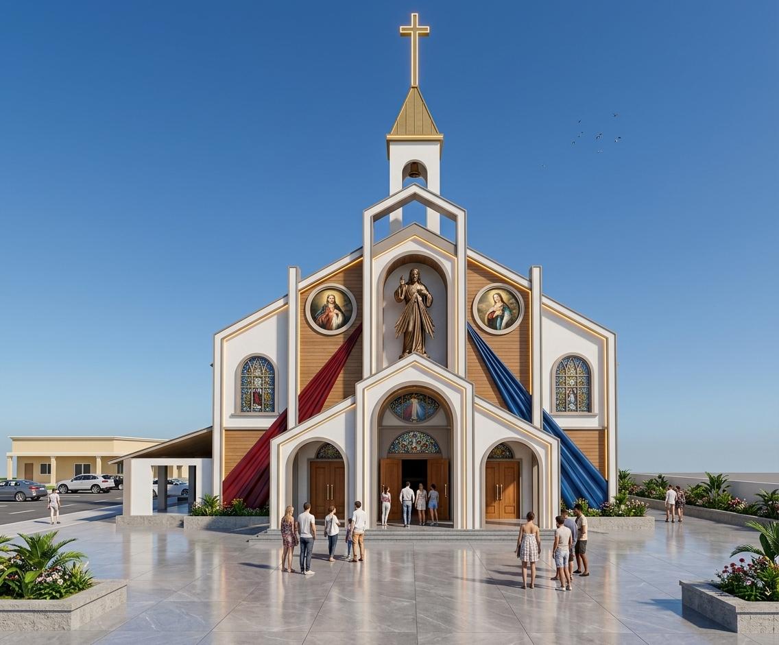 An incredibly lifelike, richly detailed, photorealistic architectural wide-angle shot of a grand Divine Mercy shrine set in a sun-drenched coastal plaza. The scene is illuminated by the brilliant, sharp glow of high-noon summer sunlight, complemented by sophisticated amber LED strip lighting integrated into the facade's recessed tiers and tracing the silhouette of the towering central cross, creating a divine and majestic atmosphere. Captured with a professional 24mm tilt-shift lens, emphasizing the pristine white stucco finishes and the high-gloss reflection of the large-format gray porcelain floor tiles that pave the expansive entryway. The facade features exquisite, realistic religious paintings and intricate stained glass within the circular and arched windows, flanked by the iconic red and blue symbolic rays which are rendered with a deep, saturated matte finish. At the ground level, life-sized groups of people converge at the open wooden doors, while lush tropical vegetation in minimalist stone planters adds a burst of organic green to the composition. In the background, modern vehicles are parked along a sun-bleached street, and a few birds soar through the crisp, clear blue sky, capturing the serene essence of a coastal breeze passing through this sacred space.