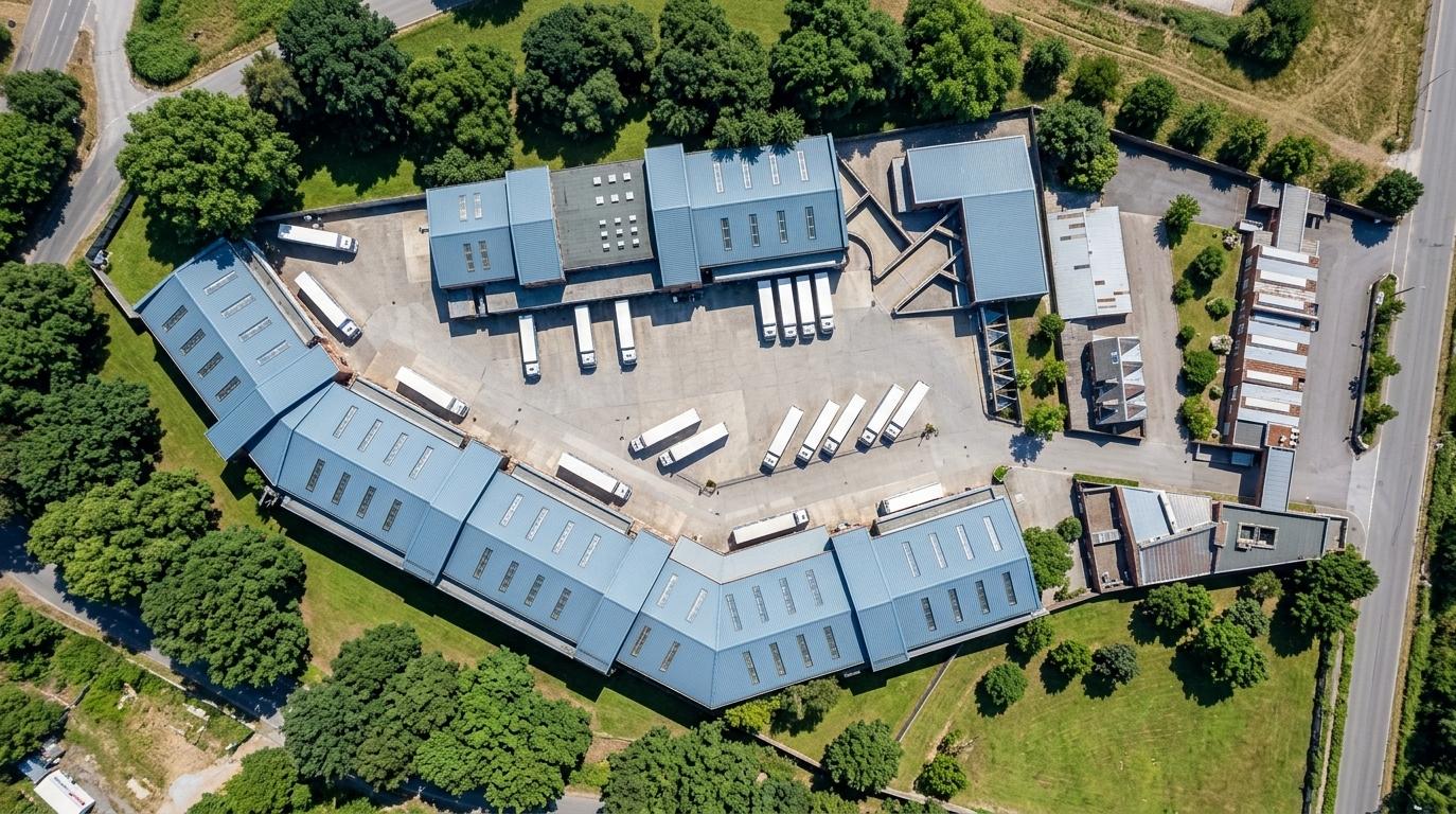 An incredibly lifelike, richly detailed, photorealistic top-down aerial view of an expansive logistics facility set in a repurposed urban environment. The scene is illuminated by clear, overhead sunlight, creating a bright and invigorating atmosphere. Captured with a high-altitude wide-angle lens, emphasizing the rhythmic patterns of the blue-grey attic-style gabled roofs and the scattered white trucks parked throughout the central grey-paved courtyard. This industrial footprint acts as a bohemian oasis, bordered by clusters of deep green trees and patches of lawn that introduce a bohemian and eclectic energy to the structured space. The view highlights the contrast between the hard, urban photo textures of the asphalt and the soft, organic forms of the surrounding foliage, resulting in a unique architectural composition that blends heavy industry with a modern, design-forward aesthetic.