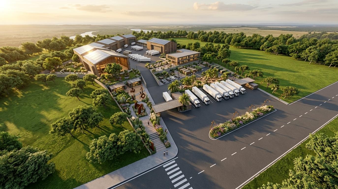 An incredibly lifelike, richly detailed, photorealistic aerial drone shot of a sprawling, sophisticated industrial complex reimagined as a bohemian oasis set in a vast, manicured green-belt environment. The scene is illuminated by the golden, radiant glow of a late afternoon sun, creating a warm, inviting, and eclectic atmosphere that softens the rugged industrial forms. Captured with a high-resolution wide-angle lens, the image emphasizes the rich textures of weathered cedar-plank siding on the warehouse facades and the sleek, crystalline shimmer of solar arrays integrated into the expansive, attic-style pitched roofs. This bohemian-modernist design features lush, vibrant landscaping with clusters of tropical palms and flowering wildness tucked into every courtyard, contrasting beautifully with the clean, charcoal-toned asphalt where rows of white logistics trucks are neatly staged. The composition showcases a high-end architectural vision where functional utility meets artistic flair, highlighted by soft, elongated shadows, crisp reflections in the floor-to-ceiling glass of the office wing, and a sense of serene, sustainable productivity that makes the entire facility feel like a curated retreat rather than a standard distribution center.