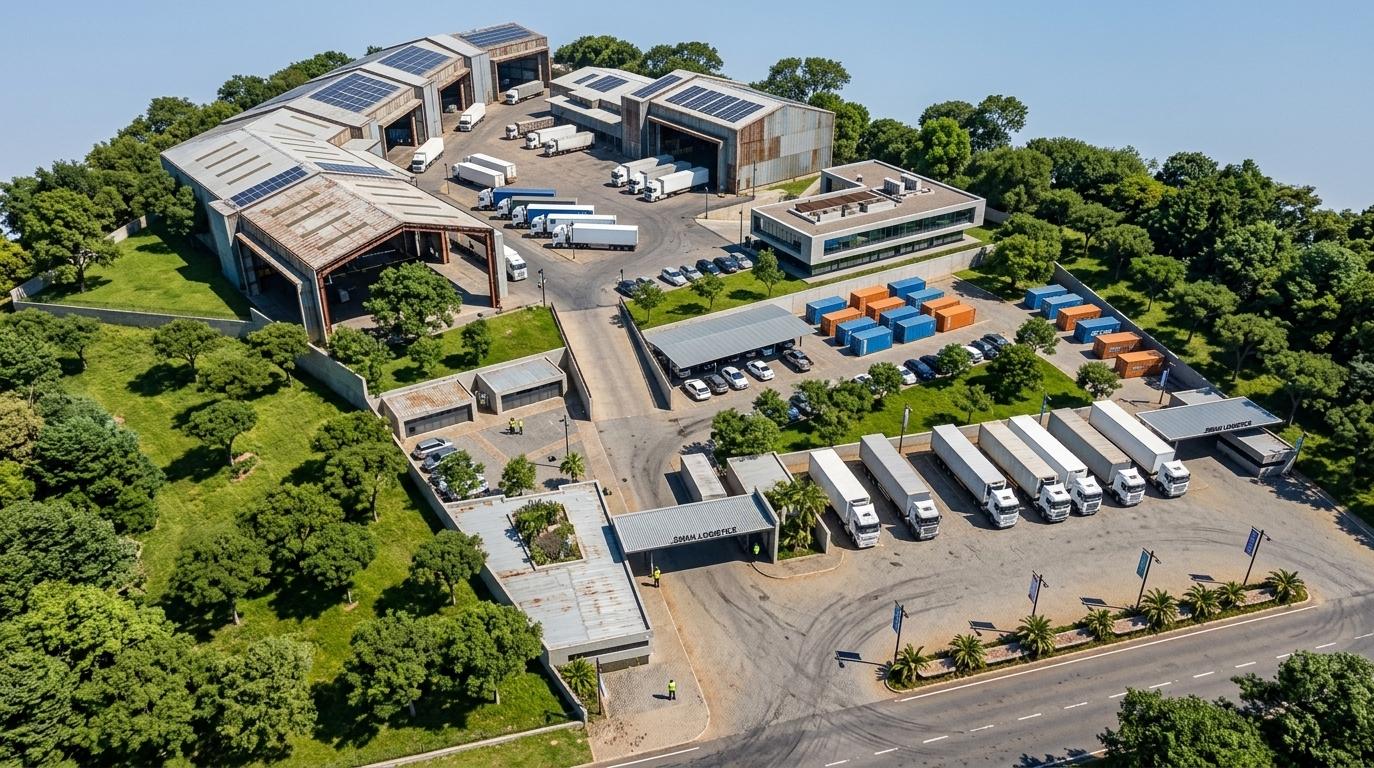 An incredibly lifelike, richly detailed, photorealistic wide-angle aerial shot of a sprawling, state-of-the-art industrial logistics complex set in a lush, verdant suburban environment. The scene is illuminated by the clear, bright light of a high-noon sun, creating a vibrant and clean atmosphere with sharp, defined shadows that accentuate the geometric precision of the site. Captured with a high-end drone-mounted wide-angle lens, the image emphasizes the diverse textures of the corrugated metal warehouse panels, the sleek glass and concrete of the administrative office, and the varied finishes of the asphalt and paved transit lanes. While the core functionality of the site is industrial, the design incorporates elements of a "bohemian oasis" through its integration with nature, featuring dense clusters of mature trees and perfectly manicured grassy slopes that wrap around the facility like a protective green belt. The large distribution halls, with their high-peaked gabled roofs—giving the upper interiors an "attic-like" spatial quality—are equipped with rows of solar panels, reflecting a modern, sustainable aesthetic. Dozens of highly detailed white semi-trucks and a collection of vibrant blue and orange shipping containers are strategically positioned throughout the yard, illustrating a high-capacity flow of commerce. The composition masterfully balances the rigid, eclectic architecture of the facility with the soft, organic landscape, creating a sophisticated spatial relationship between the bustling distribution hub and its serene, forested surroundings.