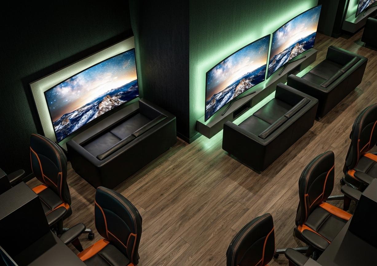 An incredibly lifelike, richly detailed, photorealistic high-angle interior photo of a sleek gaming room set in a sophisticated, night-time urban environment, embodying a cyber-eclectic fusion style. The scene is illuminated by striking light green RGB backlighting glowing from behind the large curved screens and calibrated ambient low-light, creating a moody, high-tech atmosphere. Captured with a professional wide-angle lens at an 8K-quality VRay standard, emphasizing the luxurious texture of the matte black leather sofas and the realistic medium-toned grain of the PVC synthetic wood flooring. The walls are enveloped in deep, dark black textured wallpaper that absorbs the light, making the vibrant orange and black accents of the ergonomic gaming chairs pop against the dark surroundings. Reflected light from the starry cinematic displays glints off the polished surfaces and leather upholstery, perfectly defining the spatial relationships between the minimalist lounging areas and the high-performance gaming stations in a crisp, ultra-modern composition.