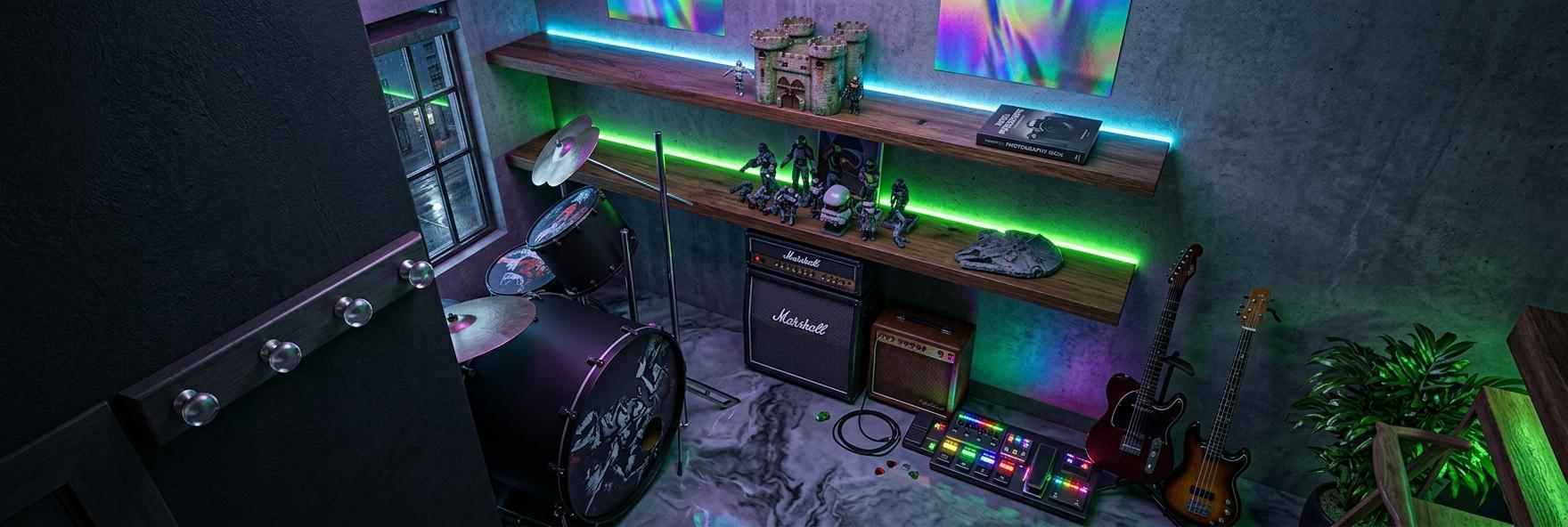 An incredibly lifelike, richly detailed, photorealistic wide-angle overhead shot of a cyber-eclectic music and gaming studio set in a contemporary industrial loft. The scene is illuminated by a vibrant clash of neon blues, purples, and toxic greens that cut through the dark, moody shadows, creating a high-tech, grunge-inspired atmosphere. Captured with a 24mm wide-angle lens, emphasizing the rich grain of the cantilevered oak shelving and the tactile, matte finishes of the musical equipment, the space feels layered and urban. On the shelves, a collection of sci-fi models and a heavy photography book sit beneath the shimmer of holographic wall art that shifts color with the camera's perspective. Below, a professional matte-black drum kit with custom graphic skins is positioned near a Marshall stack and a vintage Epiphone amp, their mesh and chrome details catching sharp, colorful reflections from the surrounding LED-accented furniture. A complex pedalboard glows with a rainbow of indicator lights, leading the eye toward a dark red electric guitar and a bass standing ready for use. The polished concrete walls and marbled epoxy floor provide a neutral, industrial canvas for this vibrant tech-fusion, which is further brought to life by the organic texture of a lush indoor plant tucked into the corner, its leaves glistening under the artificial neon glow.
