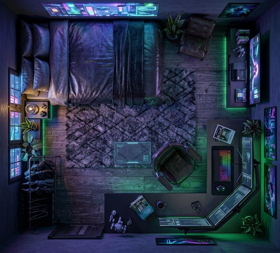 An incredibly lifelike, richly detailed, photorealistic top-down floorplan photograph of a bedroom set in a high-tech, urban metropolis apartment. The scene is illuminated by a cold, neon spectrum of electric sapphire, deep violet, and radioactive green light emanating from integrated LED-accented furniture and the luminous glow of holographic wall art, creating a vibrant, cyber-eclectic atmosphere. Captured with a high-resolution wide-angle lens, emphasizing the gritty textures of blackened industrial metal, brushed carbon fiber surfaces, and weathered dark wood flooring. In the center, a dense, shaggy rug provides a tactile oasis amidst the hardware, while the large bed features layered, dark-toned fabrics with a subtle metallic sheen. The workspace is a tech-inspired command center, boasting a sleek dual-monitor setup, an RGB mechanical keyboard pulsing with color, and a glossy photography book resting on the mixed-media desktop. Against the walls, lush indoor plants catch the neon spill, their leaves gleaming with artificial moisture, while the entertainment unit and industrial wardrobe rack showcase a fusion of high-function utility and gritty, cyberpunk decor, completing this masterfully layered, futuristic sanctuary.