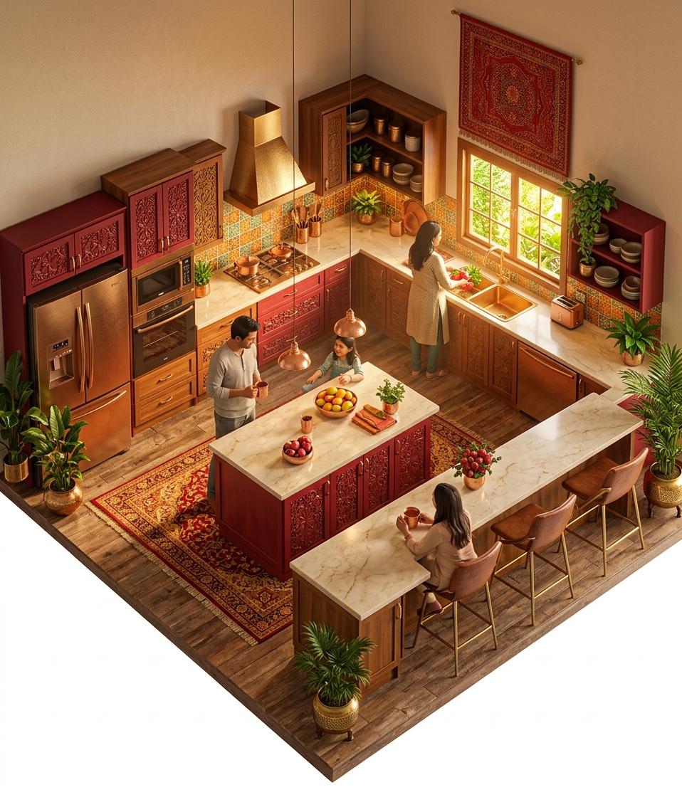 An incredibly lifelike, richly detailed, photorealistic isometric architectural rendering of a kitchen set in a home celebrating Indian exuberance. The scene is illuminated by the brilliant, golden glow of midday summer light pouring through a window, creating a warm, spiritual atmosphere filled with life. Captured with a high-resolution lens, emphasizing the intricate hand-carved floral patterns on the deep crimson and teak-wood cabinetry and the opulent shimmer of hammered brass handles and fixtures. The space is a feast for the eyes, featuring a backsplash of glazed orange and gold ceramic tiles and a large, intricately woven red textile wall hanging that adds tactile depth. The central island and breakfast bar are topped with luxurious cream stones, surrounded by leather-upholstered brass stools where a family gathers amidst bowls of exotic fruits and handcrafted ceramic pottery. Lush indoor plants are nestled in brass planters, their green leaves contrasting beautifully against the rich palette of reds, oranges, and golds, while a large, traditional Indian rug anchors the warm wood flooring, tying together the ornate and handcrafted surfaces of this opulent, lived-in culinary sanctuary.
