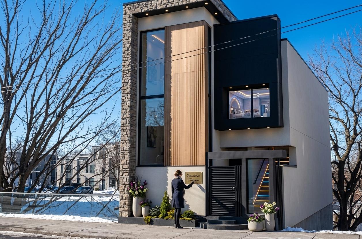 An incredibly lifelike, richly detailed, photorealistic low-angle architectural exterior shot of a multi-story residence set in a crisp, clear winter urban environment. The scene is illuminated by the harsh, direct brilliance of midday sun, creating a high-contrast and sophisticated atmosphere. Captured with a professional 24mm wide-angle lens, emphasizing the tactile contrast between the rough stacked-stone pillar, the smooth off-white masonry, and the sleek, matte-black cantilevered volumes that define the cyber-eclectic fusion style. Next to an ultra-modern entrance door, a woman in stylish winter attire is captured in the process of delicately etching the elegant script "Résidence Hanane" onto a polished metal plaque, while a set of minimalist stairs is visible through a side pane, glowing with an integrated dual-colored LED strip in neon amber and electric blue that traces every step. Lush, contemporary flower pots and tall ceramic vases filled with vibrant winter hellebores are scattered artfully around the entryway and base, softening the building's sharp geometric lines. High-intensity recessed spotlights are visible along every overhang, casting crisp shadows against the vertical wood siding, while the expansive upper window reveals a glimpse of a hyper-modern girl's bedroom featuring intricate ambient cove lighting and futuristic finishes. In the background, the intricate, leafless silhouettes of winter trees reach toward a deep, cloudless cerulean sky, perfectly framing the home's bold, avant-garde silhouette.