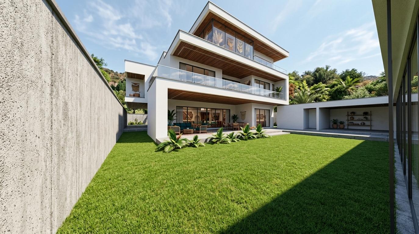 An incredibly lifelike, richly detailed, photorealistic wide-angle exterior shot of a contemporary three-story bohemian oasis villa set in a secluded, sun-drenched courtyard. The scene is illuminated by bright, overhead midday sunlight that casts sharp, clean shadows across the vibrant green lawn, creating a serene and free-spirited atmosphere. Captured with a professional architectural lens, the image emphasizes the stark contrast between the smooth, pristine white stucco exterior and the warm, linear textures of the dark wood soffits lining the deep-set terraces. The topmost level, a spacious attic suite, peers out through floor-to-ceiling glass, revealing a glimpse into a layered interior filled with handcrafted tapestry wall art, pampas grass arrangements, and vintage-collected decor in a palette of warm rust, mustard, and earthy neutrals. The sprawling balconies feature glass balustrades that reflect the soft blue sky, while the ground floor opens onto a stone-paved patio framed by clusters of tropical palms. Every element, from the organic feel of the implied rattan and macrame furniture visible through the windows to the depth of the deep teal accents within the rooms, is rendered with the exquisite clarity and composition of a luxury photography book.