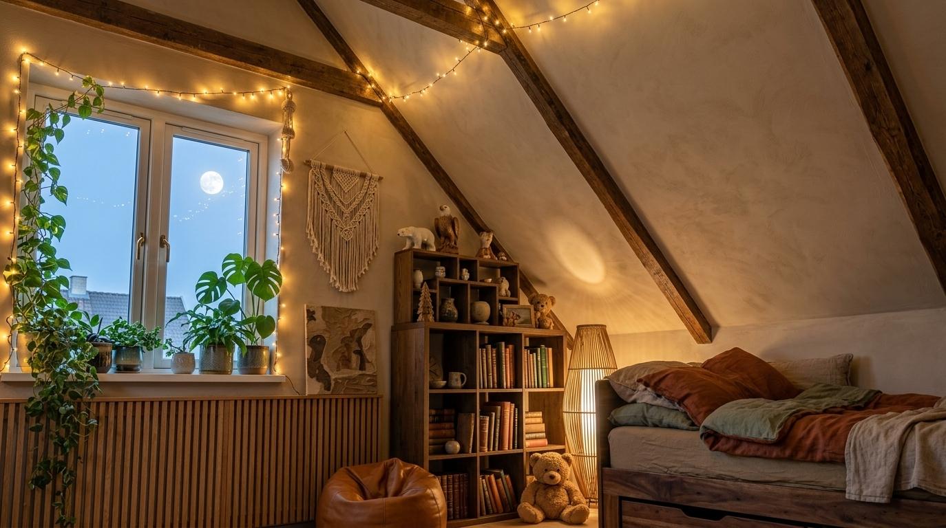 An incredibly lifelike, richly detailed, photorealistic wide-angle interior shot of a sophisticated bohemian attic oasis set in a transformed upper-story sanctuary. The scene is illuminated by the soft, warm glow of amber fairy lights woven through aged timber rafters and a sculptural rattan floor lamp, creating a soulful and intimate atmosphere. Captured with a high-resolution full-frame camera and a 24mm f/1.4 lens, emphasizing the tactile textures of a thick-weave macramé wall hanging where the children’s art once hung and the organic grain of a low-profile, dark acacia wood platform bed. The previously pink walls are now a soothing, hand-finished lime-wash plaster in a muted sand tone, complementing the window sill now brimming with lush, verdant houseplants like trailing ivy and monsteras that filter the cool, silvery light of a midsummer full moon. The white utilitarian shelving has been reimagined as a custom-built dark oak bookcase filled with curated ceramics and vintage literature, while the radiator is elegantly concealed behind a handcrafted wooden slat screen. Thick, layered linen blankets in earthy terracotta and sage green replace the old bedding, inviting rest beneath the dramatic slope of the ceiling, harmonizing perfectly with the serene view of a clear summer night sky visible through the polished glass.