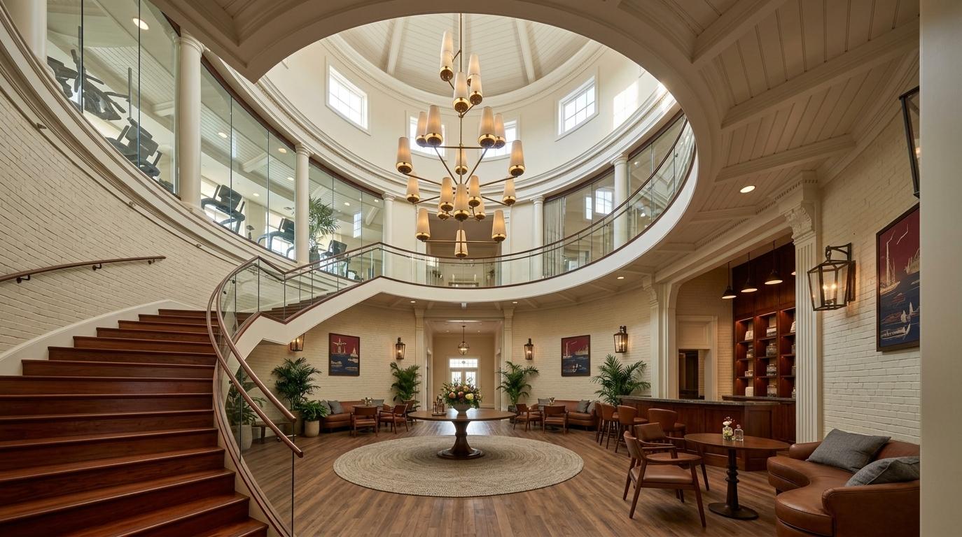 An incredibly lifelike, richly detailed, photorealistic wide-angle interior shot of a grand hotel lobby set in a stately colonial estate. The scene is illuminated by a majestic, multi-tiered chandelier and soft sunlight streaming through high clerestory windows, creating a warm, formal, and welcoming atmosphere. Captured with a professional 24mm architectural lens, the image emphasizes the sweeping curve of the grand staircase with its rich mahogany treads and the elegant symmetry of the circular rotunda. The walls are finished in a refined, cream-colored brick, providing a neutral backdrop for historical wall art depicting nautical and landscape scenes in deep reds and navy blues. Stately dark wood furniture, crafted from polished cherry and mahogany, is arranged in balanced, comfortable seating vignettes, complemented by lush indoor palms and ferns that breathe life into the formal space. On the upper level, expansive glass partitions reveal a glimpse of a modern fitness area, creating a sophisticated dialogue between time-honored colonial architecture and contemporary amenities, while the intricate, white-paneled ceilings and classic dentil molding add a sense of solid, architectural permanence to this elegant hospitality space.