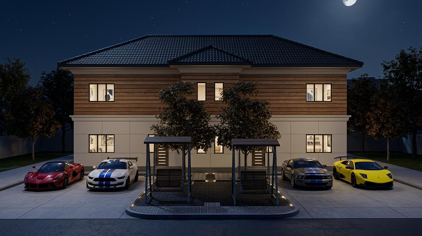 An incredibly lifelike, richly detailed, photorealistic wide-angle exterior shot of a symmetrical two-story modern fusion residence set in a crisp, urban autumn night. The scene is illuminated by a combination of cool, celestial moonlight and warm, inviting interior glows that spill from the windows, creating a sophisticated and dynamic atmosphere. Captured with a professional 35mm architectural lens, the image emphasizes the sharp geometric lines and the varied textures of horizontal cedar-wood cladding on the upper level against the smooth, off-white modular panels of the ground floor. The building features a prominent dark-tiled hip roof that suggests a spacious attic level above. In the foreground, a fleet of four high-performance sports cars in vibrant shades of Ferrari red, white with racing stripes, gunmetal grey, and electric yellow are parked with precision, their polished metallic surfaces catching the moonlight. Two contemporary wooden swings with industrial-inspired metal frames flank a central green pathway, framed by lush trees that hold onto the last of their dark autumn foliage. Through the large, clean windows, a glimpse of an open-concept interior reveals minimalist decor, including abstract wall art and stacked photography books, while the overall composition uses shades of black, white, and vibrant accents to deliver a sleek, geometric, and impactful architectural statement.