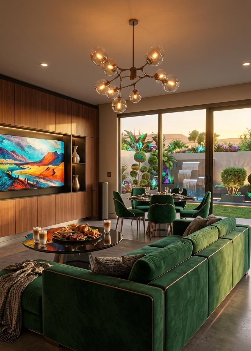 An incredibly lifelike, richly detailed, photorealistic wide-angle shot of a luxurious living room set in a high-tech desert oasis villa. The scene is illuminated by the warm, low-angled glow of a desert sunset streaming through floor-to-ceiling windows, creating a sophisticated and vibrant atmosphere. Captured with a Phase One XF and 35mm lens, emphasizing the intricate textures of the emerald velvet upholstery and the crisp reflections on carbon fiber surfaces, this cyber-eclectic fusion space replaces the traditional sofa with a modular, deep green velvet sectional featuring integrated bronze piping. At the center, a sleek, geometric coffee table of smoked glass and obsidian holds a curated feast of perfectly seared Wagyu steak, herb-roasted chicken, and frites, accompanied by two tall, double-walled glasses of layered iced latte with visible condensation. The dark wood cabinetry now integrates a massive, bezel-less 8K television displaying a vividly textured abstract digital painting that serves as a focal point. Overhead, the globe chandelier is reimagined as a kinetic sculpture of floating, iridescent glass spheres with amber-tinted filaments. Through the expansive glass walls, a lush, reimagined garden comes to life, featuring bioluminescent exotic plants, sculpted topiary, and a modern cascading waterfall that breathes fresh, organic energy into the high-tech interior. The layout balances human-scaled comfort with futuristic precision, utilizing a harmonious mix of brushed metals, warm cedar paneling, and polished concrete to achieve a design that feels both cutting-edge and deeply inviting.