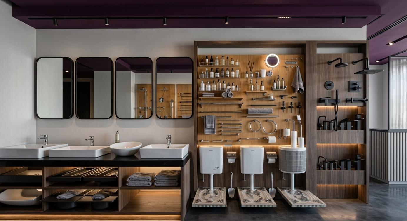 An incredibly lifelike, richly detailed, photorealistic medium shot of a luxury sanitary showroom designed with a modern-fusion hotel bathroom aesthetic. The scene is illuminated by concealed, warm LED strip lighting under cabinets and soft, overhead ambient light that casts subtle, realistic shadows, creating a sophisticated and professional atmosphere. Captured with a professional 35mm lens, the image emphasizes the tactile contrast between the smooth, high-gloss white ceramic sinks and the deep, obsidian-black quartz countertop. To the left, four minimalist black-framed mirrors sit above a sleek vanity unit, while the central display features a large panel of vertical-grain, honey-toned oak meticulously organized with brushed-chrome towel racks, glass toiletries, and a small illuminated vanity mirror. The right partition showcases matte-black showerheads and industrial-style faucets mounted against a matching warm wood backdrop. The entire composition is grounded by a dark, polished concrete floor, and punctuated by a dramatic, deep-purple recessed ceiling feature that adds a layer of bold, contemporary luxury to the monochromatic wall finishes. Every material, from the metallic shimmer of the hardware to the soft textures of the folded gray towels, is rendered with crisp clarity, highlighting the high-end craftsmanship of the fixtures.