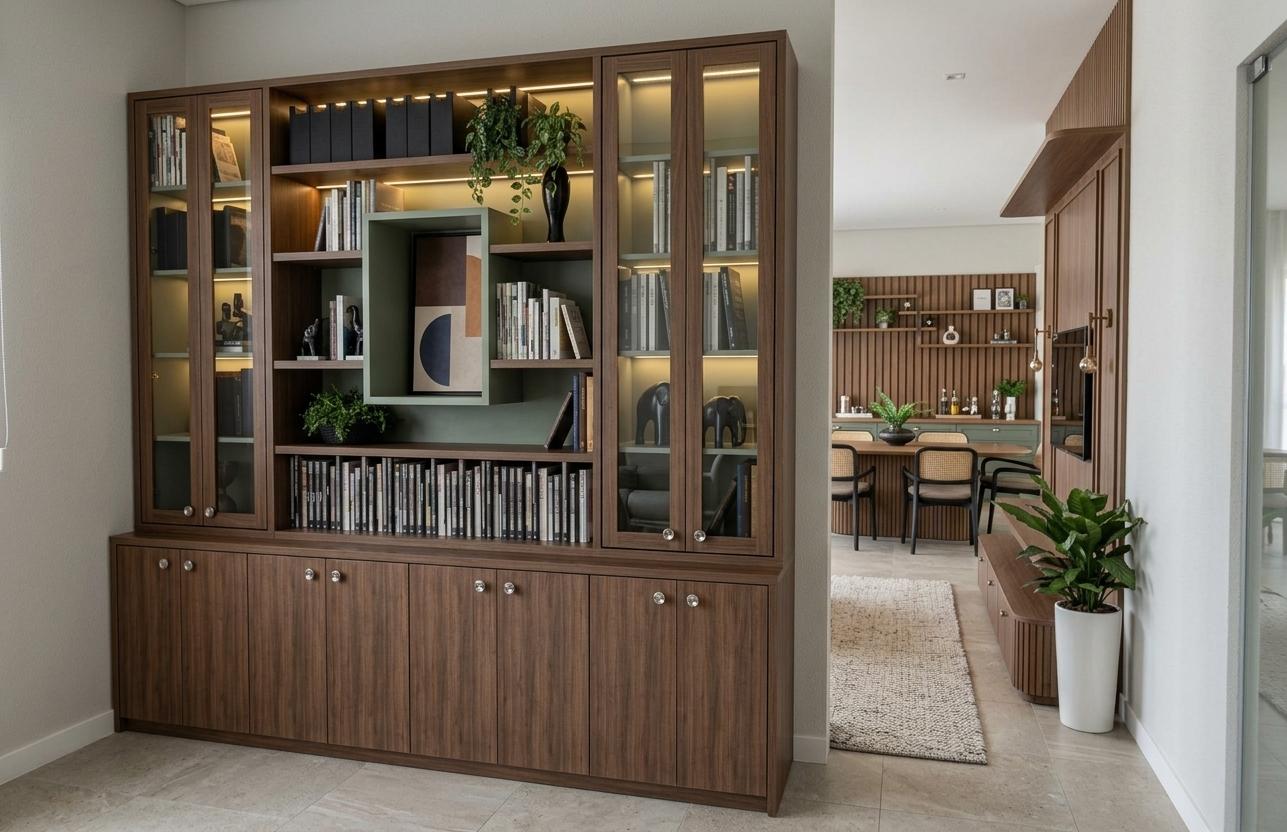A beautifully captured architectural photograph of an office shelving unit that preserves every structural detail of the scene, shot with a 35mm lens for a natural and precise interior perspective. The lower cabinets are finished in a rich, dark chestnut brown wood with a subtle satin sheen and organic grain patterns, accented by small, round polished gold hardware that catches the ambient light. The upper section features glass-fronted cabinets with thin wooden frames, revealing an interior finished in a matte grayish pistachio green that is softly illuminated by integrated 3000K LED strips, casting gentle glows on the rows of books and decorative figurines. The central open niches share this same muted green background, displaying carefully arranged items with crisp clarity. The entire environment is bright and airy, filled with diffused daylight that creates realistic soft-edged shadows and highlights the micro-textures of the matte-painted walls and the light gray tiles on the floor. Subtle photographic imperfections, such as faint reflections on the glass doors, microscopic dust motes in the LED beams, and natural variations in the wood’s luster, lend the image an authentic, lived-in quality while maintaining the exact composition and layout of the original space.