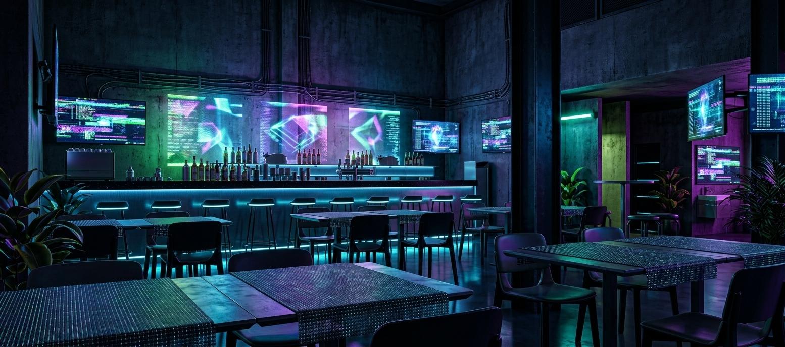 An incredibly lifelike, richly detailed, photorealistic wide-angle interior photo of a high-tech coffee shop set in a vibrant urban metropolis during a catalytic summer night. The scene is illuminated by a mesmerising palette of neon blues, electric purples, and radioactive greens that cast sharp, dramatic shadows against dark, weathered concrete walls, creating a moody and immersive cyber-eclectic atmosphere. Captured with a professional full-frame camera and a 24mm lens to emphasize depth, the image highlights the intricate textures of brushed metal surfaces and the ethereal glow of holographic wall art that shimmers with shifting geometric patterns behind the bar. The long service counter is reimagined as a centerpiece of polished black quartz with embedded fiber-optic lighting, lined with sleek, LED-accented metal stools that reflect the vibrant environment. The dining area is populated with industrial-chic furniture featuring mixed-media surfaces, where the original checkered table runners are transformed into smart-fabrics with subtle digital weaves. Lush, exotic indoor plants are tucked into corners, their waxy leaves catching neon highlights to provide a stark organic contrast to the tech-inspired decor. Multiple wall-mounted displays flicker with high-resolution glitch art and data streams, while the polished floor acts as a dark mirror, doubling the intensity of the neon glow and grounding the space in a sophisticated, grit-meets-glamour cyberpunk aesthetic.