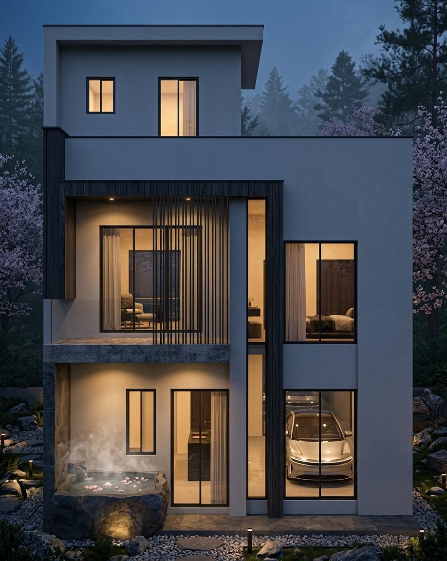 An incredibly lifelike, richly detailed, photorealistic wide-angle architectural photo of a minimalist haven set in a lush, spring-blooming forest at night. The scene is illuminated by the soft, amber glow of recessed interior LED lights and the faint, ethereal shimmer of moonlight, creating a serene and meditative atmosphere. Captured with a high-end mirrorless camera and a 24mm tilt-shift lens, emphasizing the sharp, vertical lines of the charcoal-stained cedar siding and the smooth, matte texture of the poured concrete foundation. To the left, a sleek, cantilevered porch features a pristine, metallic-finish luxury electric grand tourer, its aerodynamic curves catching the warm light spilling from the home’s floor-to-ceiling glass walls. Beside the main structure, a steaming outdoor onsen carved from natural basalt stone ripples gently, with delicate cherry blossom petals floating on the water’s surface, while a light spring mist clings to the distant silhouettes of pine trees. The composition is perfectly balanced, showcasing the seamless integration of modern luxury and nature, with every reflection on the polished glass and the car’s chrome accents rendered with crystal-clear precision.