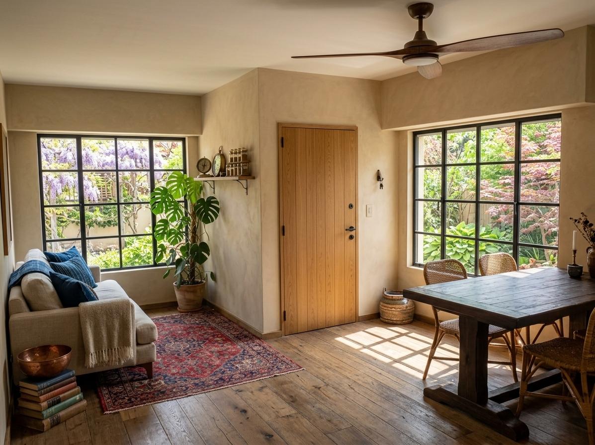 An incredibly lifelike, richly detailed, photorealistic wide-angle interior shot of a reimagined living-dining room set in a soulful, globally inspired urban retreat. The scene is illuminated by bright, golden midday spring sunlight streaming through new, sleek black-framed crittall-style windows that replace the old ones, creating a warm, adventurous and serene atmosphere. Captured with a 35mm lens, emphasizing the rich tactile textures of natural materials and artisanal details, the space has been completely transformed: the dated tiles are now wide-plank reclaimed oak floors with a soft matte finish, and the walls are coated in a breathable, sandy-beige lime wash that meets a pristine, flat-white ceiling. The air conditioner and old fan have vanished, replaced by a minimalist designer ceiling fan with carved walnut blades. In the living area, a low-profile linen sofa in oatmeal is layered with hand-loomed indigo cushions and sits atop a vibrant, faded Persian rug, while the dining section features a heavy, dark wood trestle table paired with woven rattan chairs. The "Travelers Trove" aesthetic is realized through curated artifacts like antique brass compasses, tiered Moroccan spice jars on a floating shelf, and a large potted monstera reaching toward the light. The new solid oak entryway door, with its clean vertical grain, stands as a sturdy portal to this sanctuary, where the view outside reveals a lush, budding spring garden, harmoniously blending the indoor comfort with the vibrant renewal of nature.