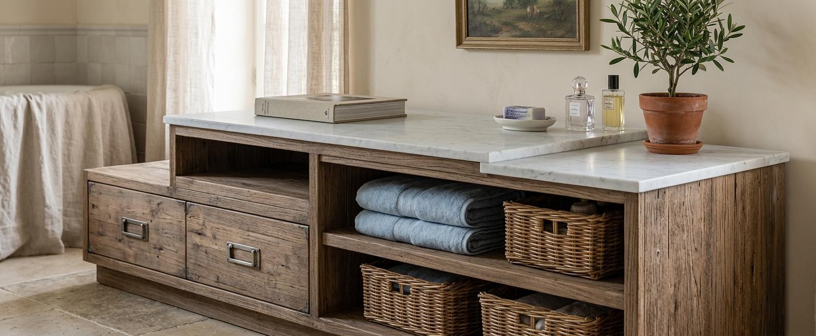 An incredibly lifelike, richly detailed, photorealistic close-up shot of a bespoke wooden vanity set in a luxurious hotel bathroom with authentic French country charm. The scene is illuminated by soft, natural morning light filtering through a sheer linen curtain, creating a cozy and romantic atmosphere. Captured with a professional 50mm lens, emphasizing the intricate grain of the weathered walnut wood and the cool, matte finish of the white marble countertop, this elegant piece of furniture features distressed provincial details, including two drawers adorned with vintage-inspired brushed metal pulls and spacious open shelving that neatly houses plush, soft blue towels and woven baskets. The surroundings are a masterclass in rustic elegance, with walls painted in warm neutrals that provide a canvas for a framed pastoral oil painting. On the polished surfaces, a thick photography book sits alongside a curated arrangement of French-inspired decor and a vibrant indoor plant, whose green leaves add a touch of freshness. The composition balances the solid, cottage-inspired furniture with delicate accents of soft yellow and blue, creating an inviting space that feels both timeless and lovingly arranged. Subtle reflections on the marble and the gentle depth of field highlight the masterful craftsmanship and the refined, weathered textures that define this high-end architectural visualization.