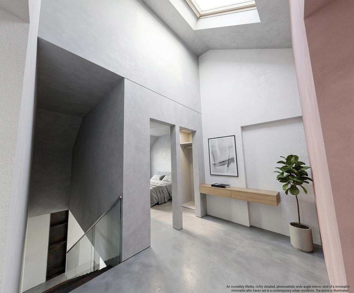 An incredibly lifelike, richly detailed, photorealistic wide-angle interior shot of a minimalist attic haven set in a contemporary urban residence. The scene is illuminated by soft, diffused morning sunlight filtering from an overhead skylight, creating a serene and zen-inspired atmosphere. Captured with a professional-grade tilt-shift lens, emphasizing the sharp structural angles and the velvety matte texture of the mineral-plastered walls, the space is anchored by a striking pastel-pink feature wall that adds a touch of warmth to a monochromatic palette of cool grays and crisp whites. A sleek, light-oak console table stands against a neighboring wall, holding a single, high-end photography book on its perfectly clutter-free surface, while a minimalist abstract painting with subtle charcoal strokes adds a modern touch to the architectural lines. The seamless, polished concrete floor reflects the gentle light, leading toward streamlined, doorless portals and a sophisticated staircase with dark, architectural treads and a transparent glass balustrade. In the corner, a tall, slender indoor plant in a simple ceramic pot introduces a vibrant organic element to the functional, elegant environment, completing this masterfully designed, uncluttered sanctuary.