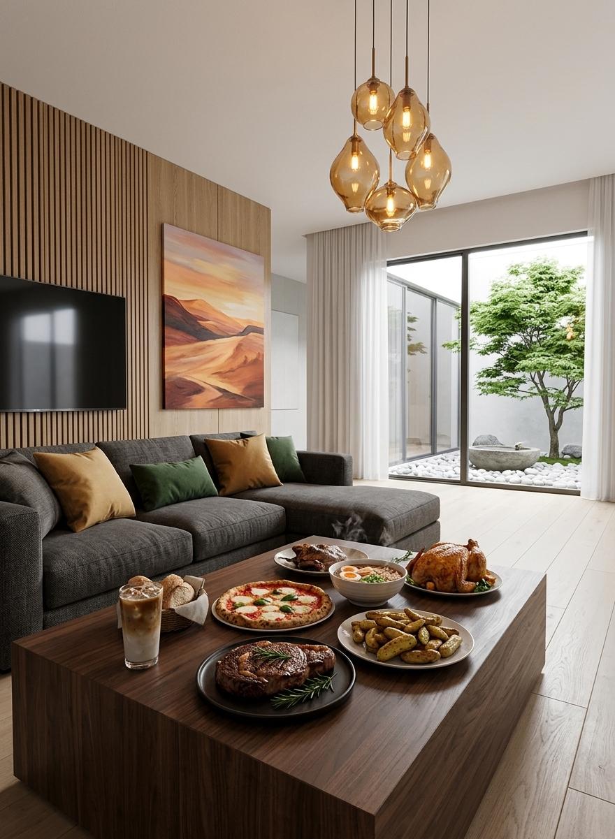 An incredibly lifelike, richly detailed, photorealistic wide-angle shot of a sophisticated contemporary living room set in an upscale minimalist residence. The scene is illuminated by soft, diffused natural light pouring in through floor-to-ceiling windows, creating a serene and inviting atmosphere. Captured with a professional high-resolution camera and a 24mm architectural lens, the image emphasizes the diverse textures of natural wood, plush textiles, and the crisp glass of the outdoor garden enclosure.

The room is grounded by a deep, charcoal-toned fabric sectional sofa, its heavy weave visible in the light. It is adorned with a mix of silk and linen cushions in earthy tones of ochre and forest green. In the center of the seating area sits a substantial, low-profile dark walnut coffee table. Spread across its surface is an artisanal feast: a perfectly seared ribeye steak garnished with fresh rosemary, a thin-crust Margherita pizza with bubbling mozzarella and basil, a steaming bowl of ramen noodles topped with soft-boiled eggs, a golden-brown roasted whole chicken, and a side of herb-roasted fingerling potatoes. Two tall glasses of layered iced coffee, condensation beading on the glass, complete the spread.

To the left, the accent wall features vertical oak slats that provide a sense of architectural rhythm. Mounted seamlessly onto this wall is a large, ultra-thin 4K television. Flanking the TV is a vibrant, large-scale oil painting depicting an abstract desert landscape in warm sunset hues, replacing the previous minimalist art. Above, the lighting has been upgraded to a cluster of hand-blown amber glass pendant lights that hang at varying heights, casting a warm, atmospheric glow.

The floor is a pale, wide-plank white oak that leads the eye toward the massive glass sliding doors. Beyond the glass, a private Zen courtyard is visible, featuring a singular, meticulously pruned maple tree sprouting from a bed of smooth white river stones. A low-profile stone water basin adds a sense of tranquility to the outdoor space. The sheer white curtains frame the view, softening the boundary between the curated interior "traveler’s trove" and the natural world outside. The composition manages to feel both grand in its architectural scale and intimate in its focus on the sensory details of the meal and the textures of the home.