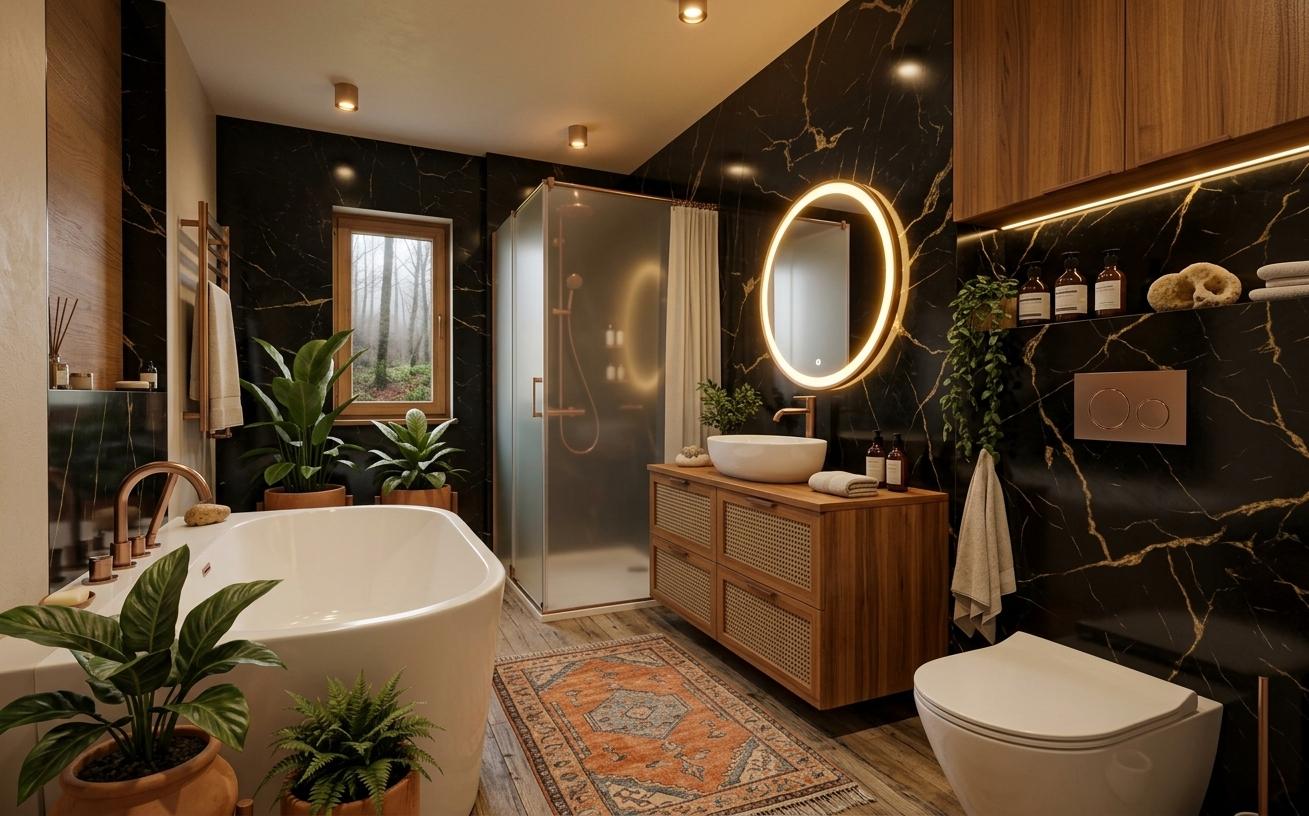 An incredibly lifelike, richly detailed, photorealistic wide-angle interior photo of a mid-century modern hotel bathroom set in a secluded, forest-view retreat. The scene is illuminated by a warm, golden layer of light from recessed ceiling spots and the inviting ambient glow of a circular backlit vanity mirror, creating a serene and sophisticated atmosphere. Captured with a professional 24mm lens, emphasizing the seamless integration of organic textures and sleek, linear forms, the composition highlights a dramatic feature wall of polished black marble with intricate golden veining. This dark, luxurious backdrop contrasts perfectly with the warm earth tones of the functional teak-and-walnut-inspired vanity, which features tactile cane-webbing door fronts and a clean, clutter-free surface. A deep, freestanding white porcelain tub anchors the foreground, surrounded by vibrant indoor plants in terracotta pots that provide a lush, organic feel. The flooring consists of weathered oak planks, partially covered by a vintage-style rug in shades of burnt orange and muted blue, adding a layer of comfort and timeless character. Through the simple wooden window frame, a crisp, realistic view of a misty woodland provides a peaceful backdrop, while the rose-gold fixtures and frosted glass shower enclosure add a final touch of sleek, mid-century elegance to this impeccably designed, photography-book-worthy space.
