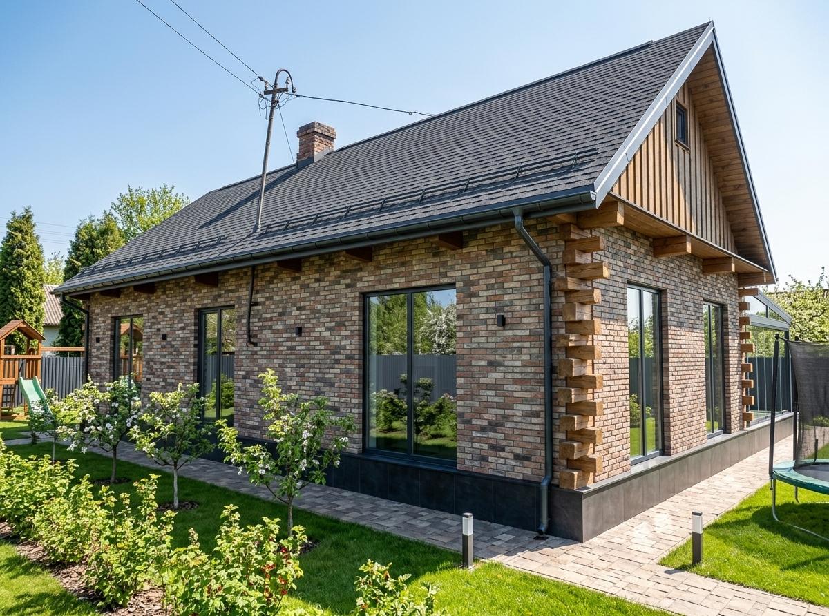 An incredibly lifelike, richly detailed, photorealistic wide-angle architectural photo of a modern private village residence set in a lush, blossoming spring rural landscape. The scene is illuminated by the bright, overhead clarity of midday sunlight, heartening the vibrant greens and textures of the new construction and creating a refreshing, upscale atmosphere. Captured with a high-performance DSLR and wide-angle lens, the image emphasizes the sharp details of the house exterior, which features a sophisticated facade partially clad in a textured combination of multi-tonal AKM flexible brick, while the plinth is finished with sleek, dark porcelain stoneware tiles for a grounded, contemporary look. The gabled roof is layered with high-quality TEKHNONIKOL SHINGLAS flexible shingles in a deep charcoal palette, equipped with a clean, organized drainage system and featuring a bright skylight alongside a modern array of dark solar panels for high-tech energy efficiency. Dominating the lower level are expansive, floor-to-ceiling double-leaf windows framed in slim black steel profiles that invite natural light into the airy interior while reflecting the surrounding gardens. Attached to the structure is a minimalist rectangular glass terrace with its own sleek sloped roof, seamlessly extending the living space toward the meticulously landscaped grounds. A path paved with tiles imitating ancient hewn stone winds through the yard, which is enclosed by a straight, contemporary metal profile fence in a matte finish. The environment is alive with the vibrancy of spring, featuring rows of neatly pruned fruit trees and berry bushes, a modern wooden children's playground, and a large recreational trampoline, all harmoniously integrated into a spacious, emerald-green lawn that speaks to a high-end, family-oriented country lifestyle.