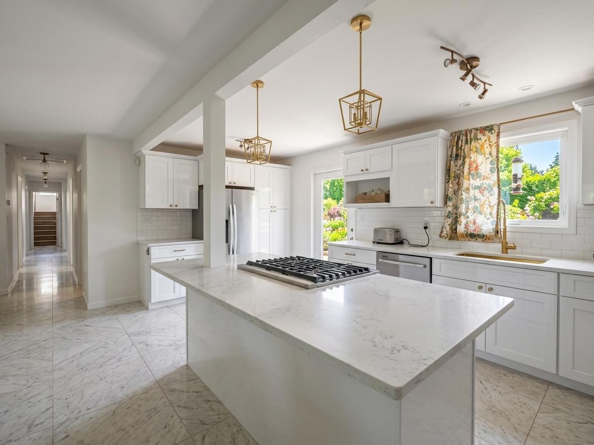 An incredibly lifelike, richly detailed, photorealistic wide-angle interior shot of a reimagined gourmet kitchen set in an elegant colonial classic home. The scene is illuminated by bright, natural midday summer sunlight streaming through the windows, creating an airy and sophisticated atmosphere. Captured with a high-resolution camera and 24mm lens, emphasizing the high-gloss white cabinetry and the intricate grey veining of the marble flooring. This transformed space replaces the dated wood with sleek, glossy white cabinets that feature traditional colonial moulding, perfectly paired with pristine white quartz countertops that shimmer under modern geometric gold pendant lights hung from the ceiling. A crisp white subway tile backsplash provides a timeless texture, leading the eye toward a deep gold under-mount sink and a matching high-arc professional faucet that serves as a luxurious focal point. The floor is reimagined with expansive, light-colored marble tiles, bringing a regal yet contemporary feel to the spatial layout and reflecting the soft afternoon light. Through the window, a lush, sun-drenched summer garden adds a vibrant splash of green, complementing the interior’s clean, neutral palette. The composition maintains a perfect balance, where the central island acts as the heart of the home, harmonizing the functional work zones with a design language that feels both historic in its proportions and cutting-edge in its finish.