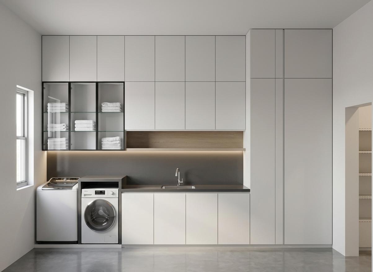 An incredibly lifelike, richly detailed, photorealistic wide-angle interior shot of a modern laundry suite set in a high-end minimalist hotel. The scene is illuminated by the soft, diffused morning light filtering through a slender side window, complemented by the warm, subtle glow of integrated under-cabinet LED strips, creating a serene and ultra-clean atmosphere. Captured with a professional 24mm tilt-shift lens, emphasizing the crisp geometric precision and impeccable alignment of the floor-to-ceiling matte-white custom cabinetry, which features a tactile, satin-smooth finish. On the left, a premium front-loading washing machine with a polished smoky-glass porthole and a sleek top-loader are masterfully integrated beneath a continuous, cool-toned charcoal grey quartz countertop. A slim, horizontal open niche finished in a subtle oak veneer provides a soft organic counterpoint to the monochromatic palette, while the handleless, push-to-open doors on the massive storage wall to the right create a seamless architectural plane. The composition highlights the sophisticated interplay between functional utility and high-design aesthetics, with subtle reflections bouncing off the polished micro-cement floor, defining this space as a sophisticated minimalist haven of efficiency.