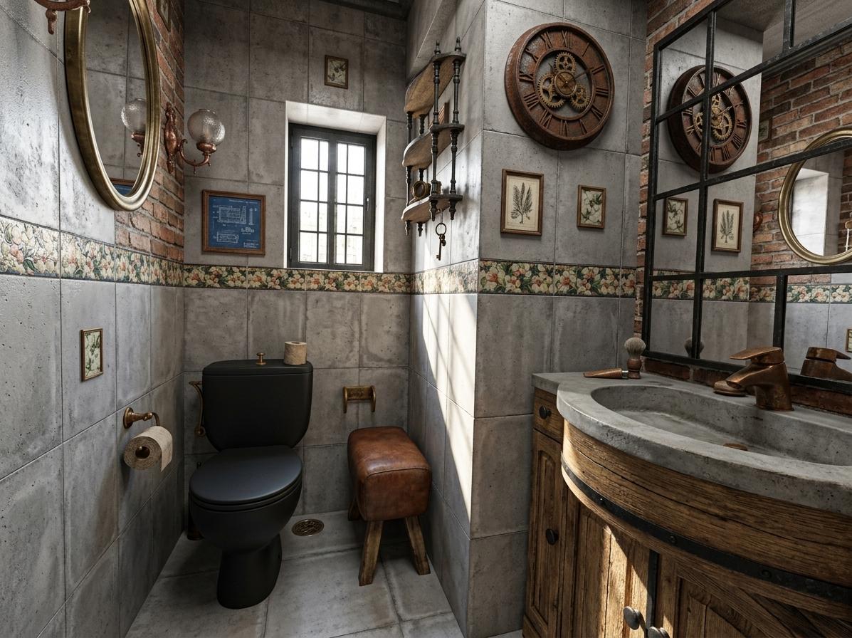 An incredibly lifelike, richly detailed, photorealistic wide-angle interior photo of a sophisticated industrial loft bathroom set in a repurposed urban warehouse. The scene is illuminated by bright, direct midday sunlight streaming through a massive black steel-framed factory window, creating a gritty yet luxurious atmosphere with high-contrast shadows. Captured with a 35mm lens, emphasizing the tactile textures of raw red brick walls, exposed overhead ductwork, and the smooth, cold patina of polished concrete flooring. In place of the original dated ceramics, a sleek, minimalist matte black wall-hung toilet is positioned against a backdrop of weathered gray concrete panels and exposed copper plumbing. The vanity is reimagined as a rugged workstation featuring a thick slab of reclaimed oak supported by blackened iron pipes, housing a deep concrete trough sink with a rusted-finish industrial faucet. A colossal metal wall clock with an aged, rust-colored finish dominates the adjacent wall, its exposed gears adding an architectural focal point near a stack of oversized photography books resting on a low metal ledge. To the side, a small, worn vintage leather bench provides a warm, textural contrast to the cool gray tones of the room. The spatial composition is open and airy, celebrating human scale through its lofty ceilings and unrefined materials, resulting in a harmonious balance of raw, repurposed aesthetics and high-end functional design.