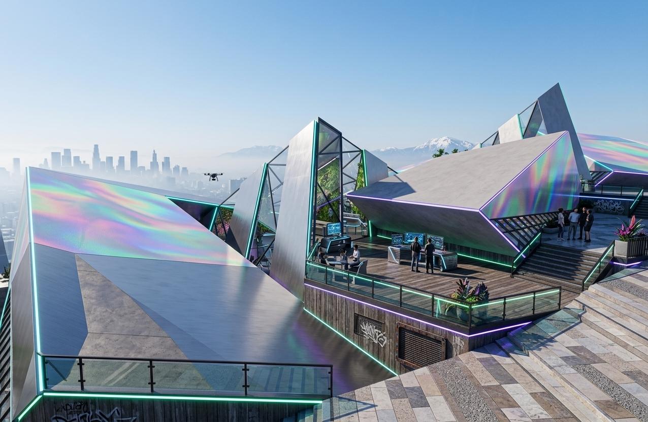 An incredibly lifelike, richly detailed, photorealistic architectural photo of a cyber-eclectic fusion residence set in a high-altitude urban environment. The scene is illuminated by sharp, bright daylight that casts deep, geometric shadows, which are artfully balanced by glow-in-the-dark neon pulses of cyan, violet, and emerald green emanating from recessed lighting strips, creating a vibrant and tech-inspired atmosphere. Captured with a wide-angle lens, the composition emphasizes the bold, layered intersections of brushed metal panels, weathered wood siding, and matte-finished angular volumes. The structure’s sharp, deconstructivist forms are adorned with shimmering holographic wall art that shifts color with the perspective, while the crystalline glass facades reveal glimpses of a sophisticated interior featuring metal and LED-accented furniture and lush, vibrant indoor plants. Mixed-media surfaces—ranging from polished concrete to industrial-grunge metal—provide a rich tactile quality, grounding the futuristic design with a sense of urban grit and diversity as if framed within the pages of a high-end contemporary photography book.