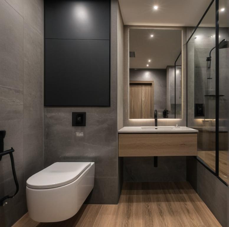 An incredibly lifelike, richly detailed, photorealistic interior shot of a minimalist haven bathroom set in a contemporary urban residence. The scene is illuminated by a combination of hidden LED backlighting behind the vanity mirror and precise recessed ceiling spotlights, creating a serene and sophisticated atmosphere. Captured with a professional 35mm lens, emphasizing the rich textures of the large-format, matte-gray stone wall tiles and the natural warmth of the linear-grain wood flooring. A sleek white wall-hung toilet maintains a sense of lightness and modern functionality, while the floating vanity features light-oak cabinetry and a crisp white countertop, accented by a minimalist matte black faucet and a matching black open storage shelf below. To the right, a refined glass partition with thin black framing encloses a deep soaking tub, its surface catching soft reflections that enhance the room's spatial depth. The monochromatic palette, punctuated by warm wood tones and dark charcoal wall panels, exemplifies a zen-inspired design that feels both luxurious and impeccably organized.