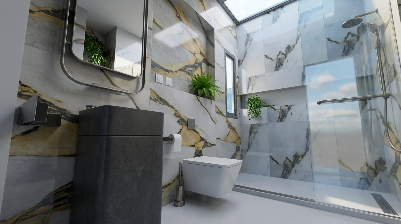An incredibly lifelike, richly detailed, photorealistic wide-angle interior shot of a sophisticated modern fusion bathroom set in a high-end urban penthouse. The scene is illuminated by soft, natural light filtering through a slender clerestory window and an overhead skylight, creating a serene and airy atmosphere. Captured with a 24mm wide-angle lens, the composition emphasizes the dynamic geometric lines and the luxurious interplay of smooth, polished textures. The walls are clad in expansive tiles featuring a bold, abstract marble pattern with dramatic veining in shades of gold and charcoal, serving as a striking piece of natural art. A monolithic pedestal sink, crafted from matte-finished charcoal stone with a sleek, industrial-inspired profile, stands as a bold sculptural centerpiece. Adjacent to it, a minimalist white wall-hung toilet maintains the clean, modular aesthetic. To the right, a frameless glass partition separates an open-concept shower area, where metallic brushed-zinc fixtures catch the light, reflecting the soft blue of the sky visible through the glass. Sprigs of lush greenery are tucked into a corner to provide a vibrant organic accent against the monochromatic white and grey palette, while the smooth surfaces and minimal decor suggest a photography book-worthy space that perfectly balances contemporary elegance with urban grit.