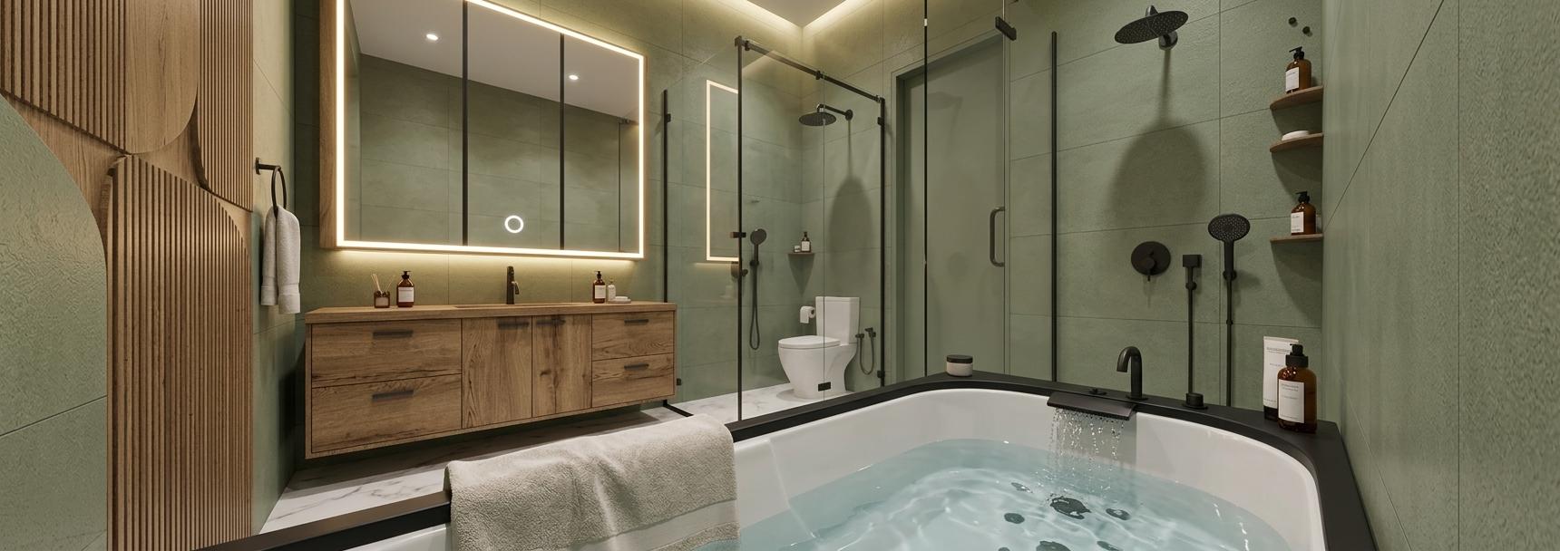 An incredibly lifelike, richly detailed, photorealistic wide-angle interior shot of a sophisticated modern fusion hotel bathroom set in a high-end urban suite. The scene is illuminated by warm, diffused light emanating from integrated LED backlighting behind the vanity mirrors and soft recessed ceiling spotlights, creating a serene and spa-like atmosphere. Captured with a professional 24mm lens, the image emphasizes the tactile contrast between the sage green porcelain ceramic wall tiles, which possess a subtle earthy texture, and the warm, natural oak wood grain of the floating vanity and louvered accent panels. In the foreground, a sleek bathtub with a minimalist matte black rim is filled with shimmering water, catching reflections from the glowing mirrors above. The composition leads the eye past the double-sink vanity and toward a seamless glass-enclosed shower area, where matte black hardware and a rainfall showerhead stand out against the soft green backdrop. Polished white marble flooring with delicate grey veining ties the space together, while meticulously placed luxury bath products and plush towels suggest a level of curated comfort found only in the most prestigious architectural designs.